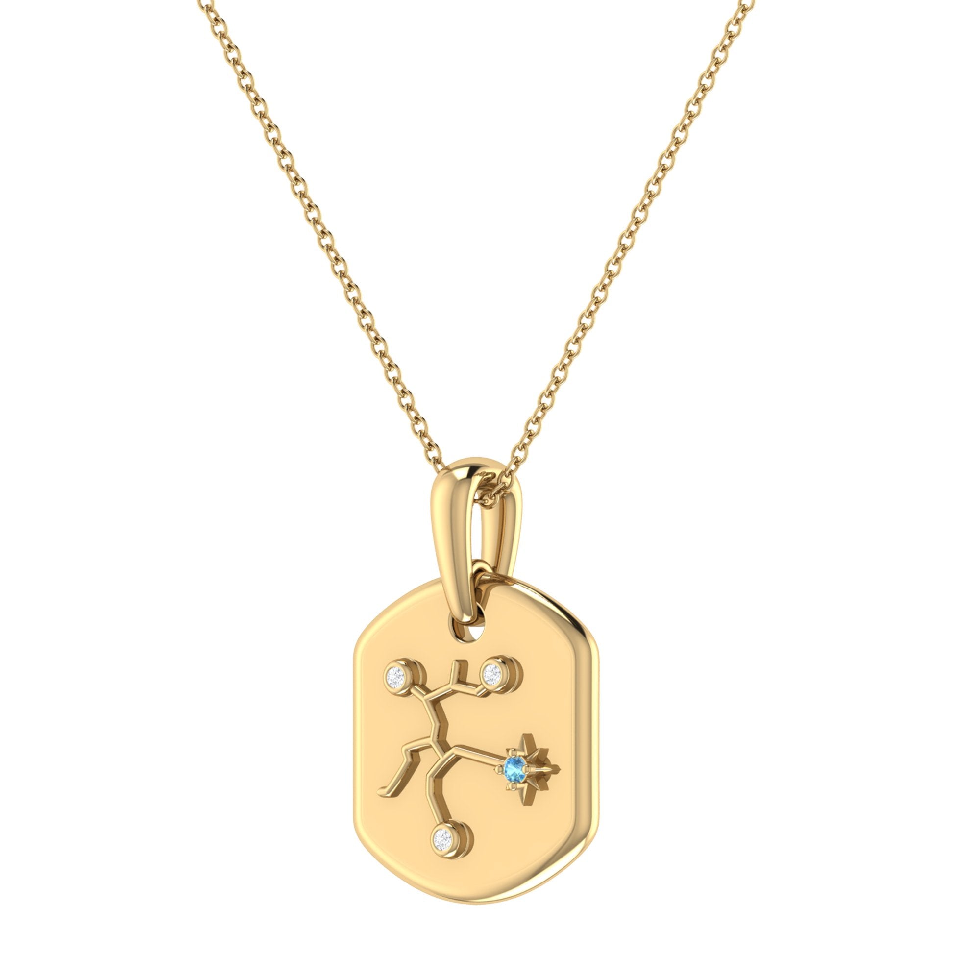 Sagittarius Archer Blue Topaz & Diamond Constellation Tag Pendant Necklace in 14K yellow gold with an 18-inch adjustable chain.