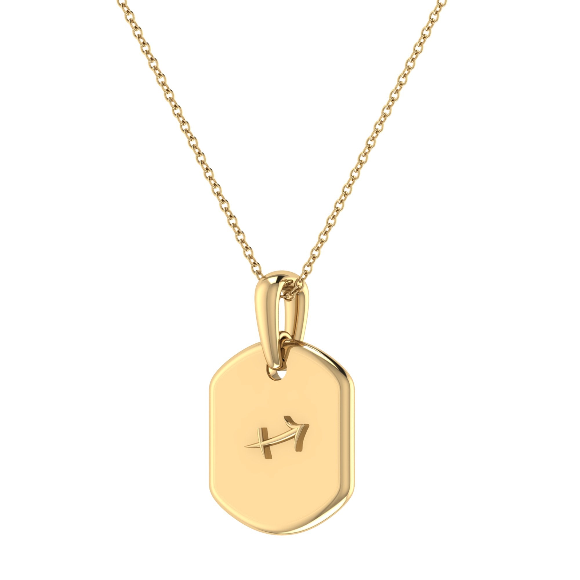 Sagittarius Archer Blue Topaz & Diamond Constellation Tag Pendant Necklace in 14K yellow gold with an 18-inch adjustable chain.