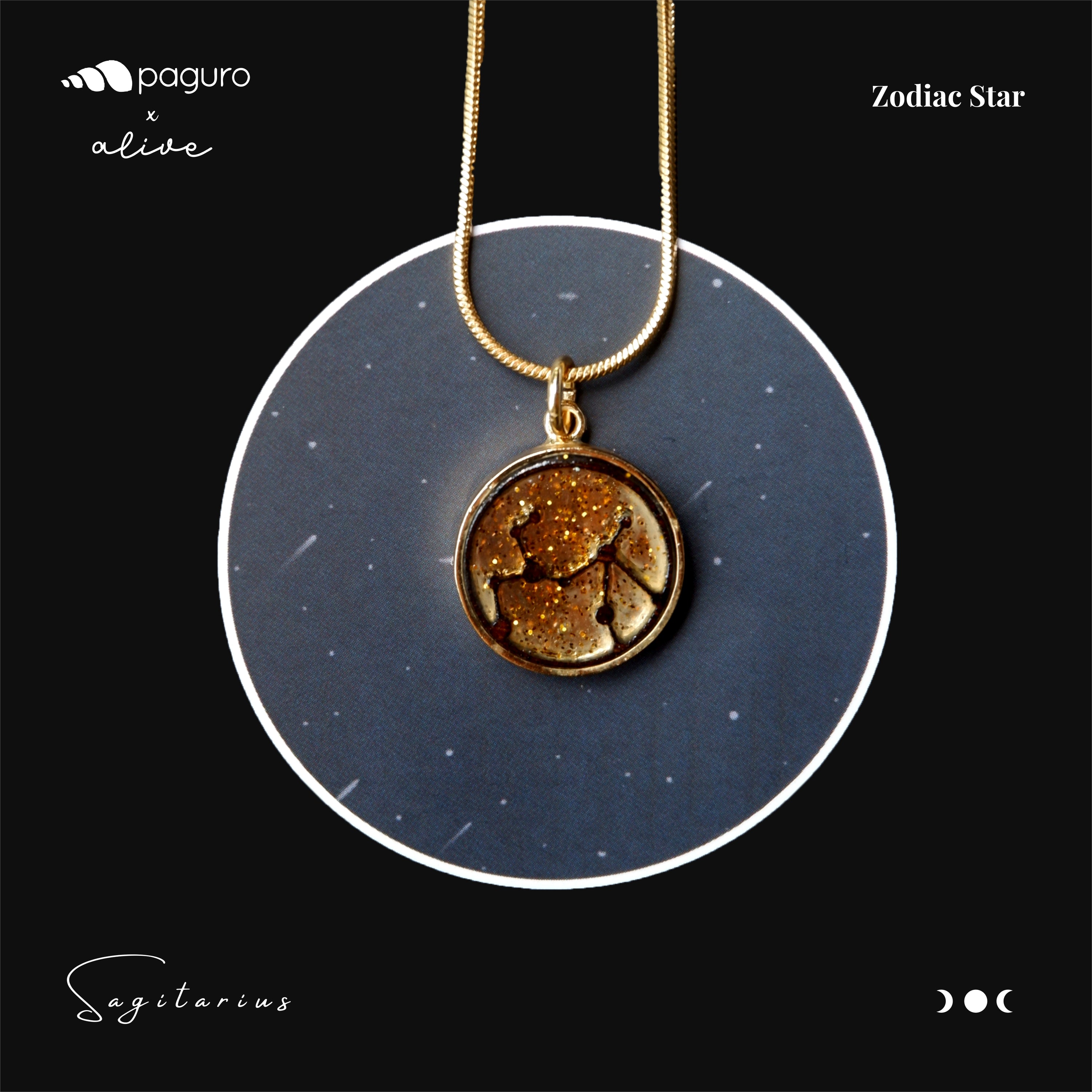 Sustainable Sagittarius Zodiac Sign Necklace made from recycled wood and plant resin, featuring a gold plated brass pendant and chain.