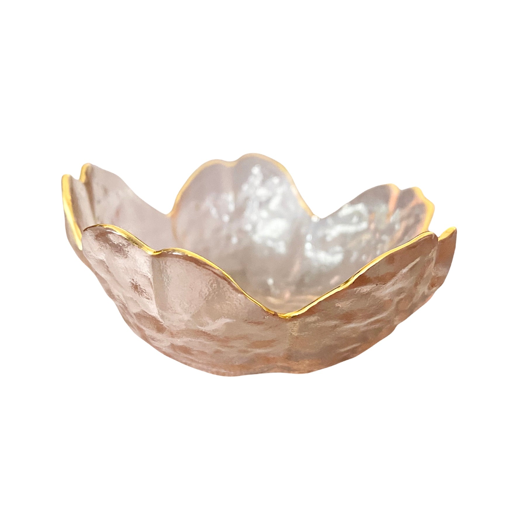 A delicate handmade hammered glass bowl shaped like a cherry blossom flower, perfect for holding trinkets.