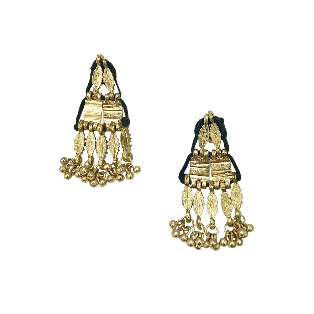 Elegant Samti Earrings featuring high shine drop design with black and white embellishments, handcrafted in India.