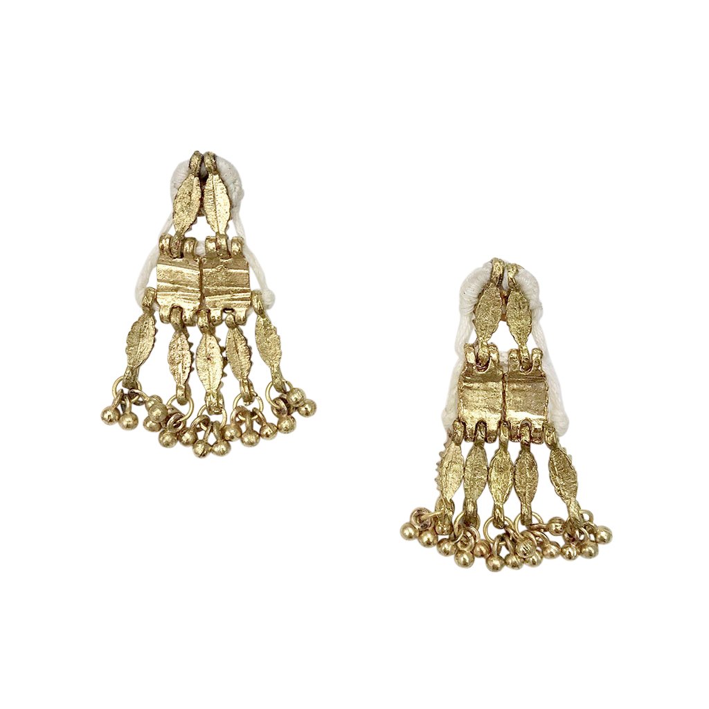 Elegant Samti Earrings featuring high shine drop design with black and white embellishments, handcrafted in India.