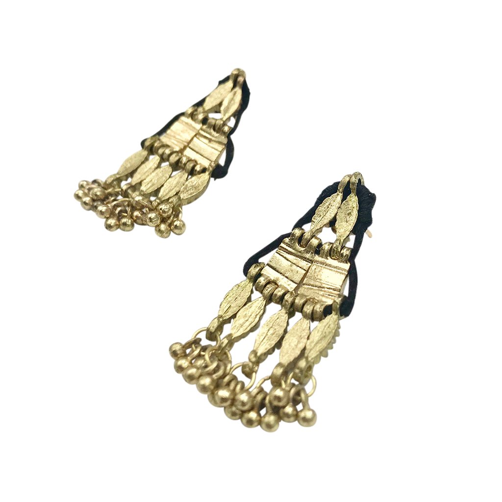 Elegant Samti Earrings featuring high shine drop design with black and white embellishments, handcrafted in India.