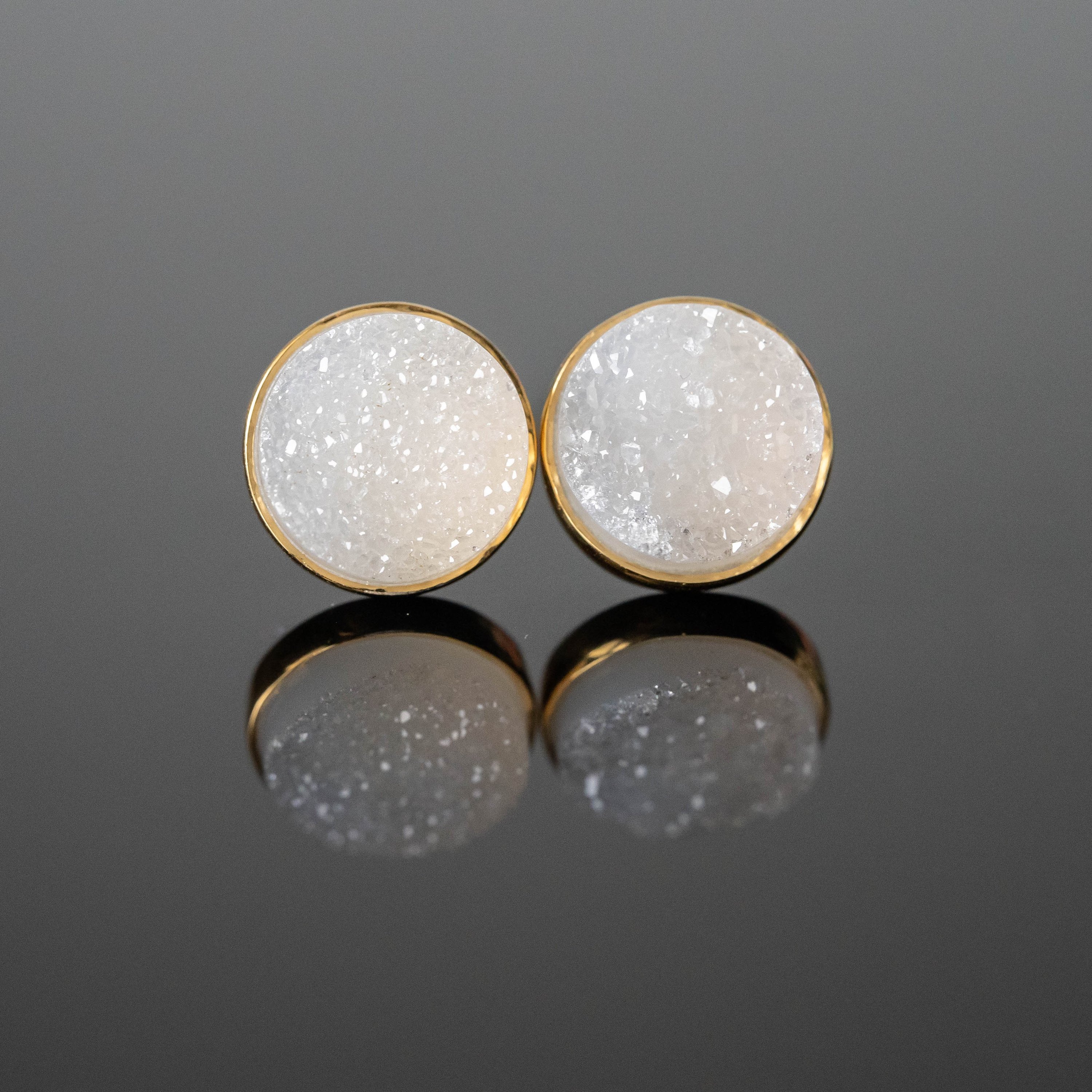 Elegant Sandra Druzy Round Studs featuring white druzy stones set in gold-plated 925 sterling silver, perfect for any occasion.