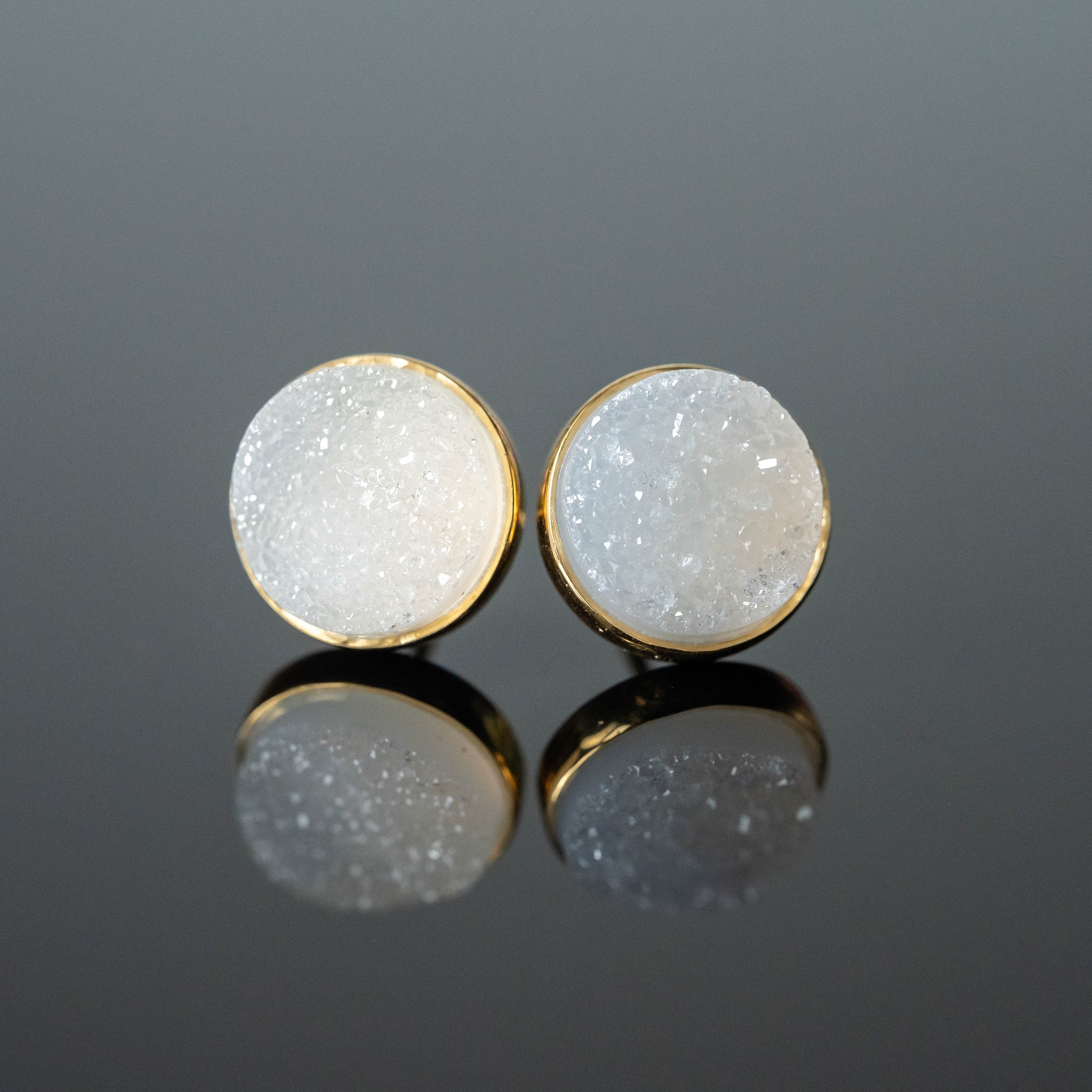 Elegant Sandra Druzy Round Studs featuring white druzy stones set in gold-plated 925 sterling silver, perfect for any occasion.