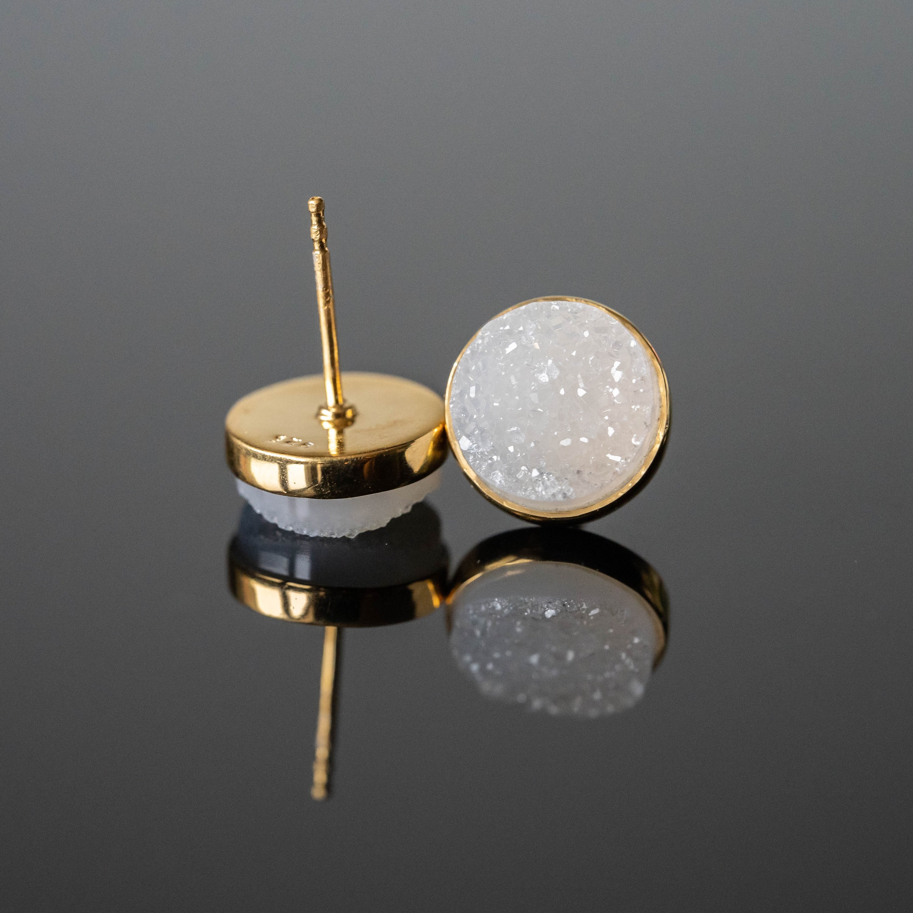 Elegant Sandra Druzy Round Studs featuring white druzy stones set in gold-plated 925 sterling silver, perfect for any occasion.