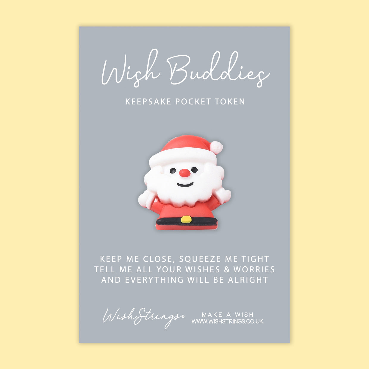 A colorful WishBuddies Pocket Hug Token displayed on a glossy card, featuring an inspirational design and a heartfelt message.