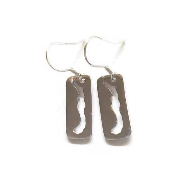 Savary Cut Out Earrings in sterling silver showcasing the silhouette of Savary Island, hung on elegant french ear wires.