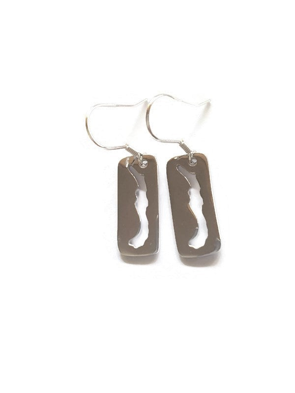 Savary Cut Out Earrings in sterling silver showcasing the silhouette of Savary Island, hung on elegant french ear wires.