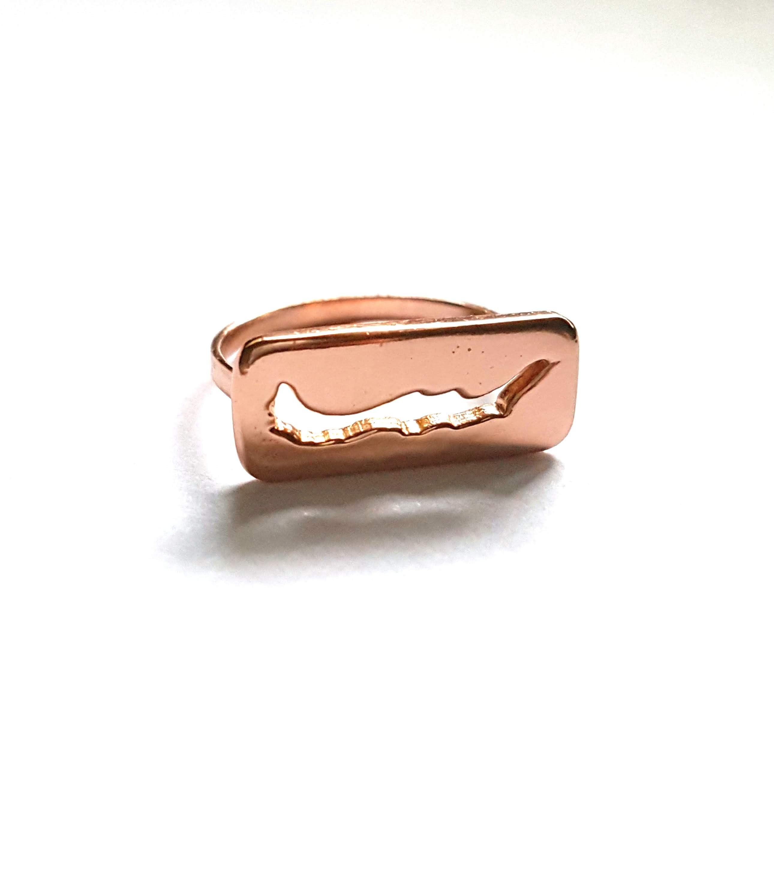 Savary Island Cut Out Ring in rose gold plated silver, featuring a unique island silhouette on a sleek band.