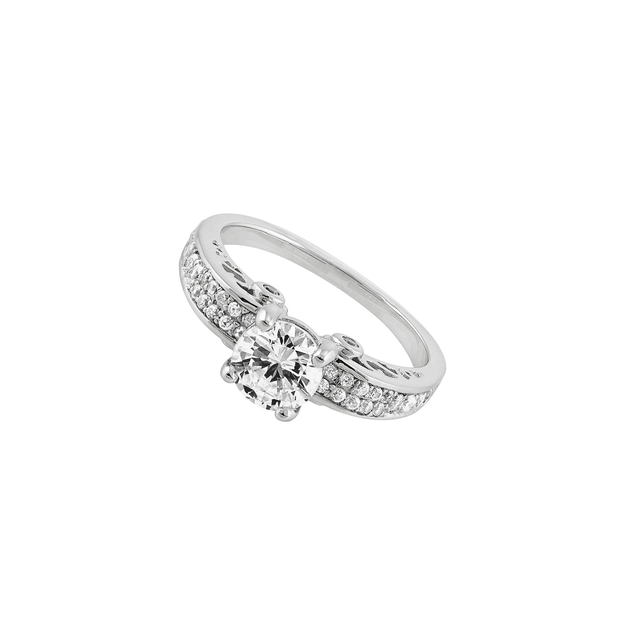 A beautiful engagement ring made of 925 sterling silver, filled with real white gold, featuring a sparkling simulated diamond.