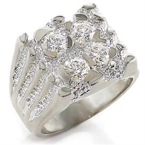 SC95307 Rhodium 925 Sterling Silver Ring featuring a round AAA Grade clear CZ stone, showcasing its elegant design and shine.