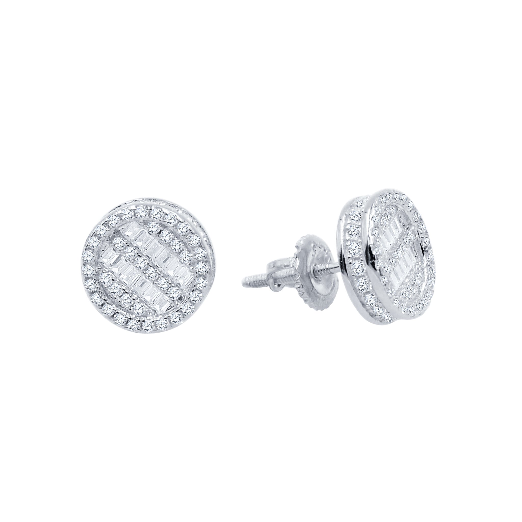 A pair of Scintillant Screw Back Earrings featuring round cushion cut cubic zircon stones with golden color plating, elegantly designed for women.