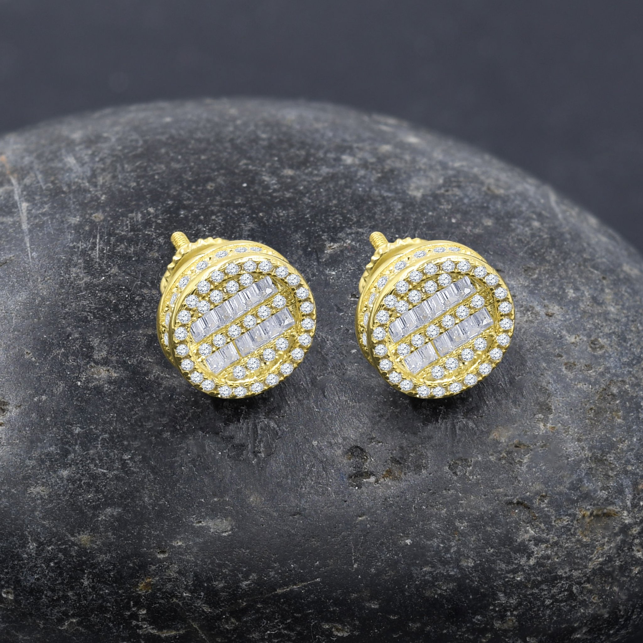 Scintillant Screw Back Earrings featuring round cubic zircon stones with golden plating, elegantly designed for women.