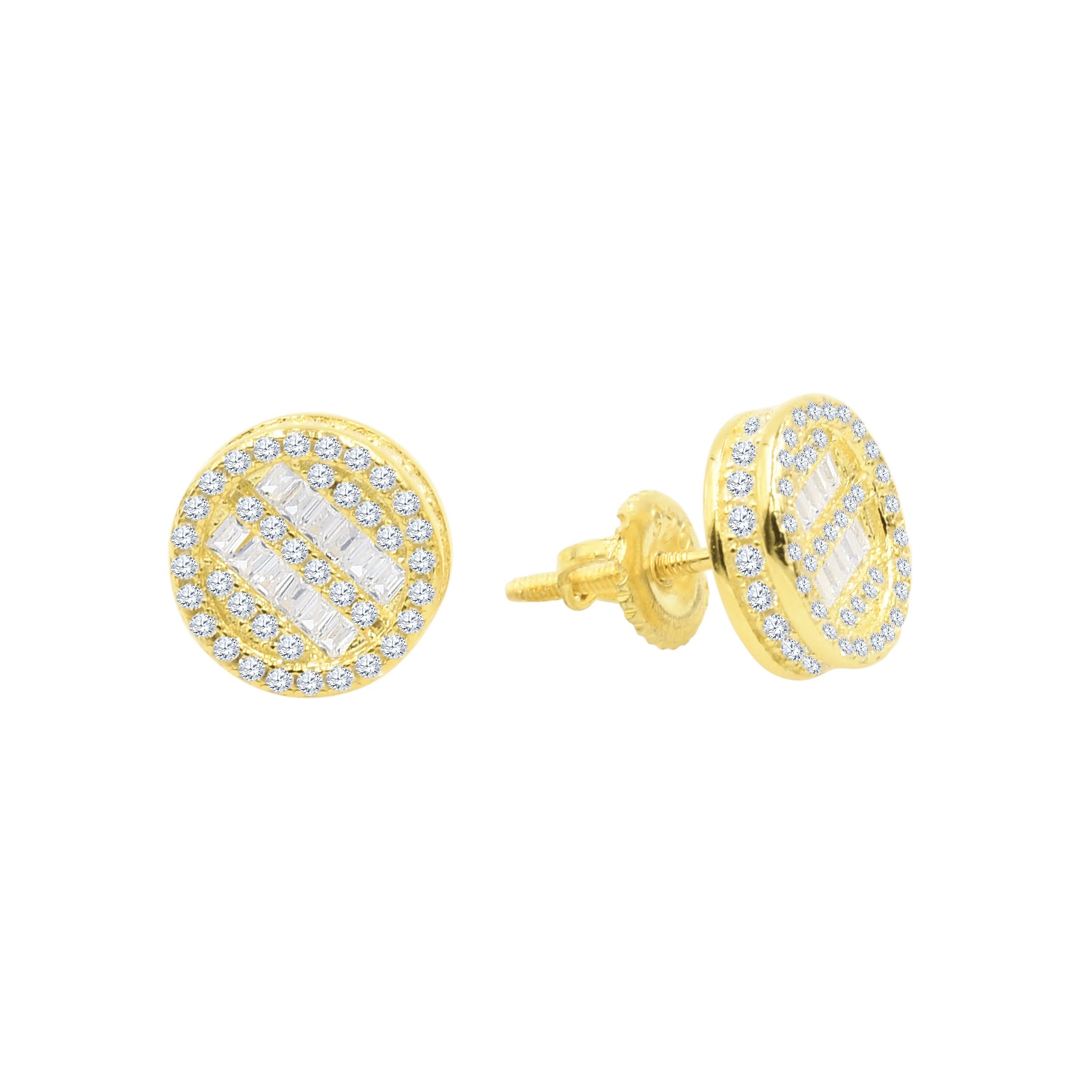 Scintillant Screw Back Earrings featuring round cubic zircon stones with golden plating, elegantly designed for women.