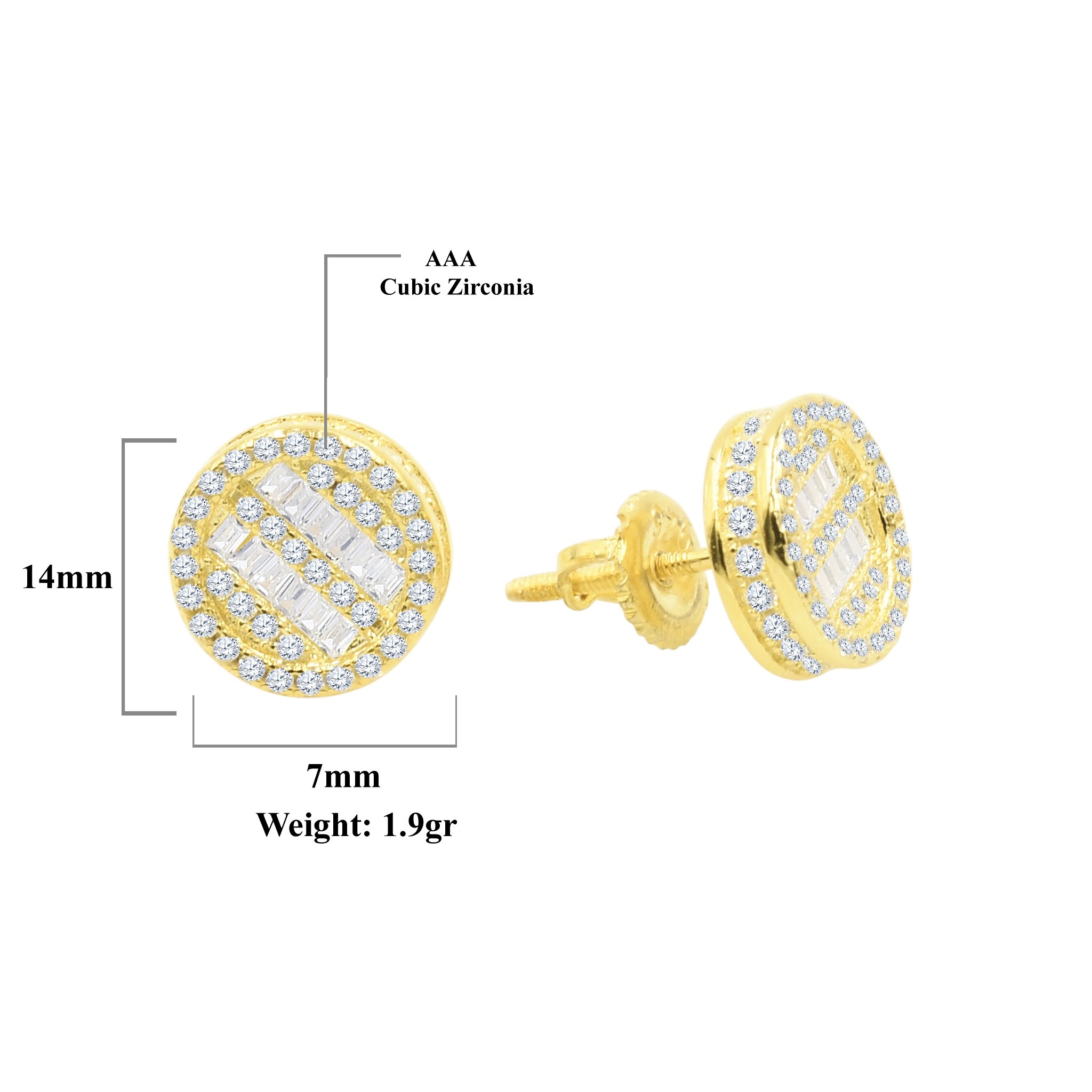 Scintillant Screw Back Earrings featuring round cubic zircon stones with golden plating, elegantly designed for women.