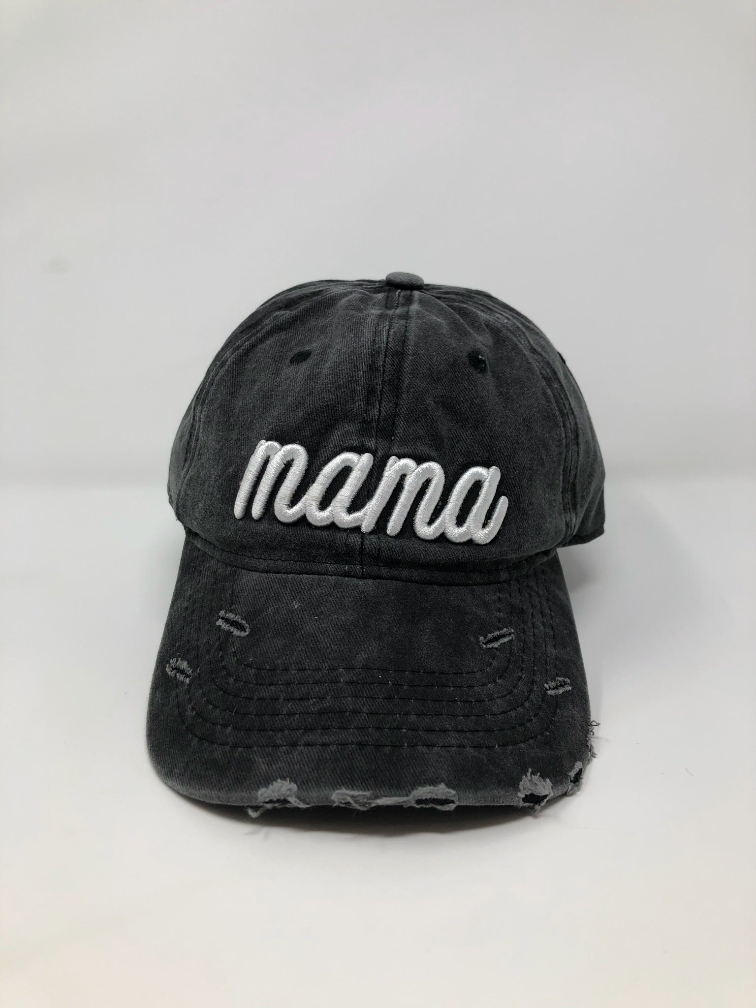 Dark gray distressed baseball cap with white 'Mama' embroidery and adjustable strap.