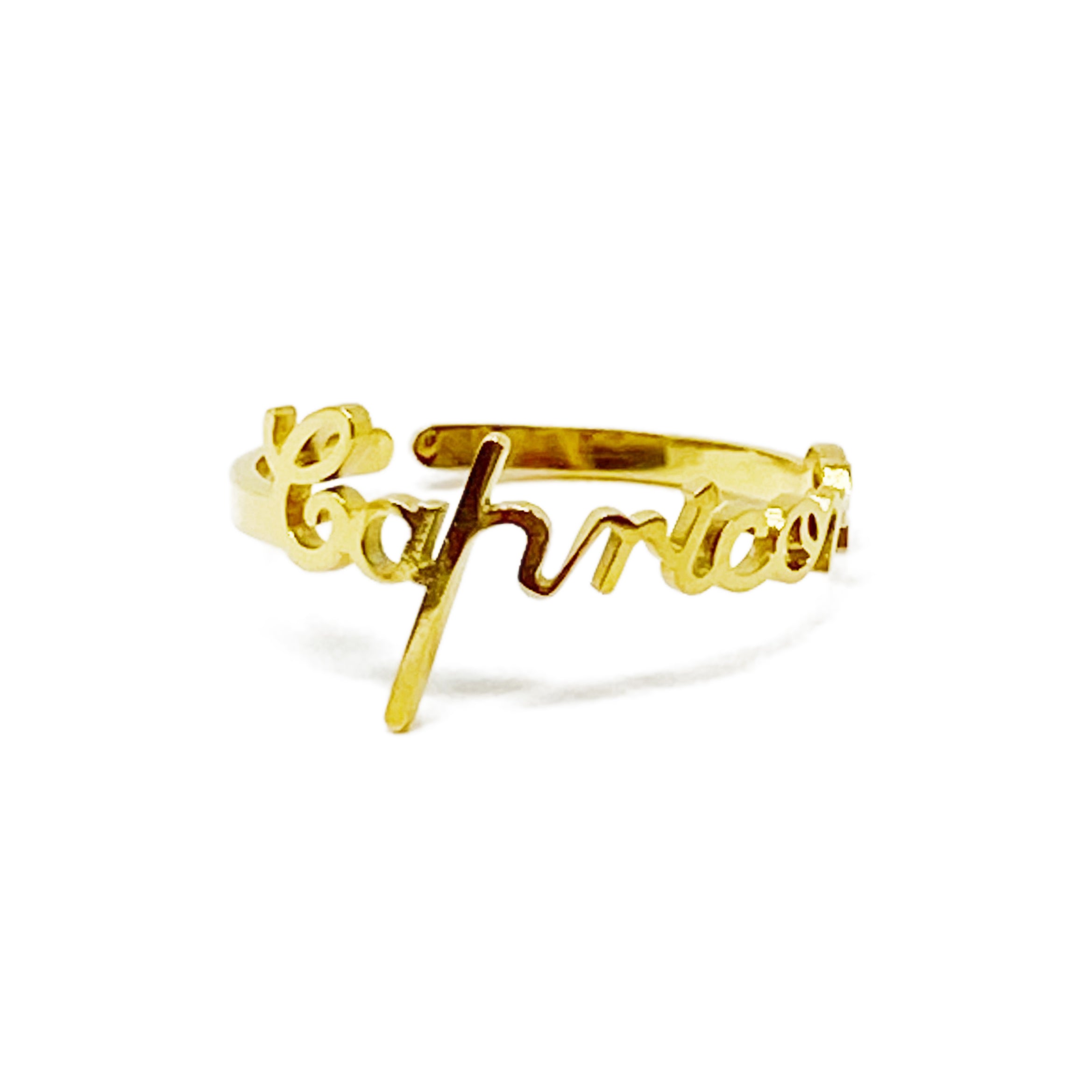 A beautifully crafted adjustable ring featuring delicately scripted zodiac signs, made of stainless steel and 18K gold plated.