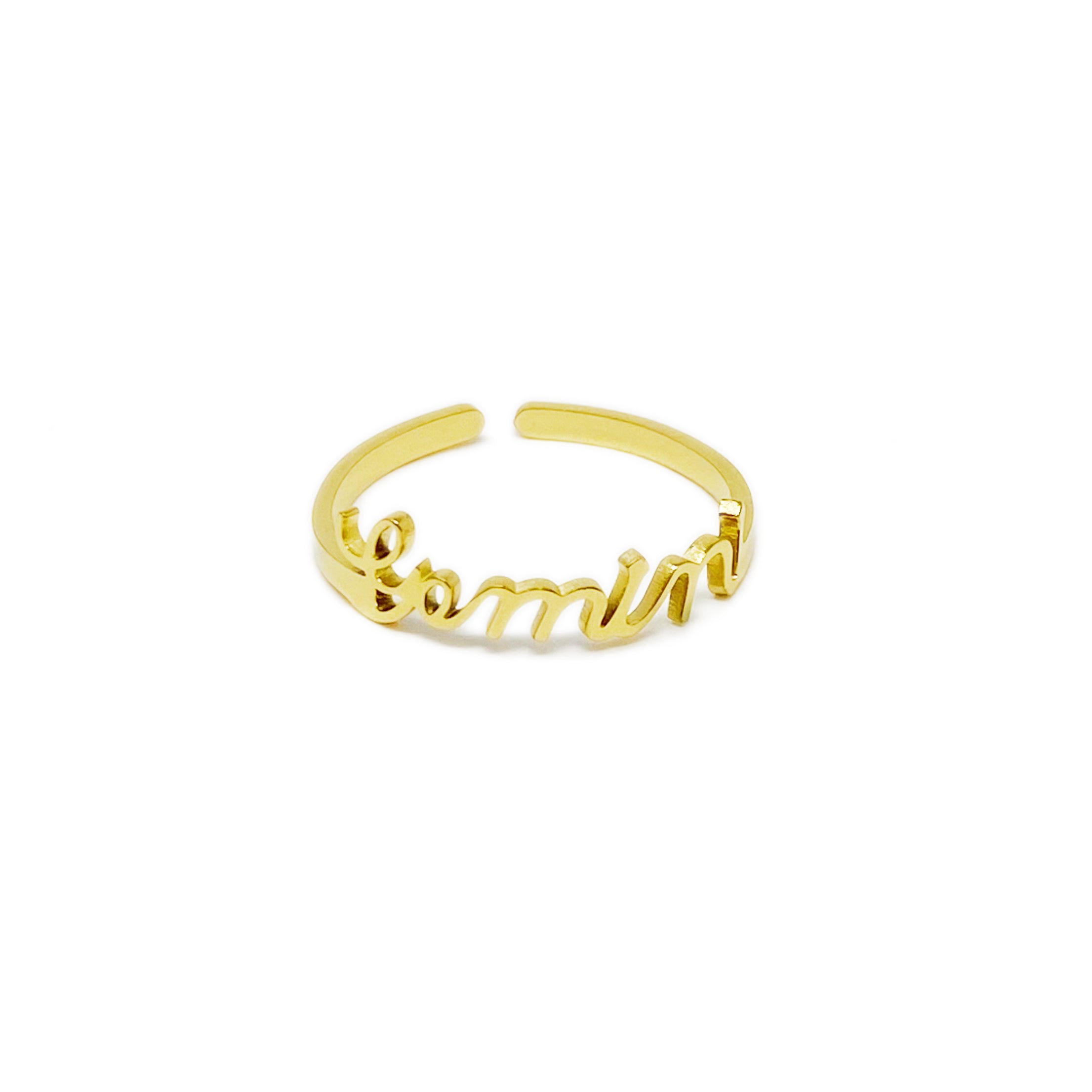 A beautifully crafted adjustable ring featuring delicately scripted zodiac signs, made of stainless steel and 18K gold plated.