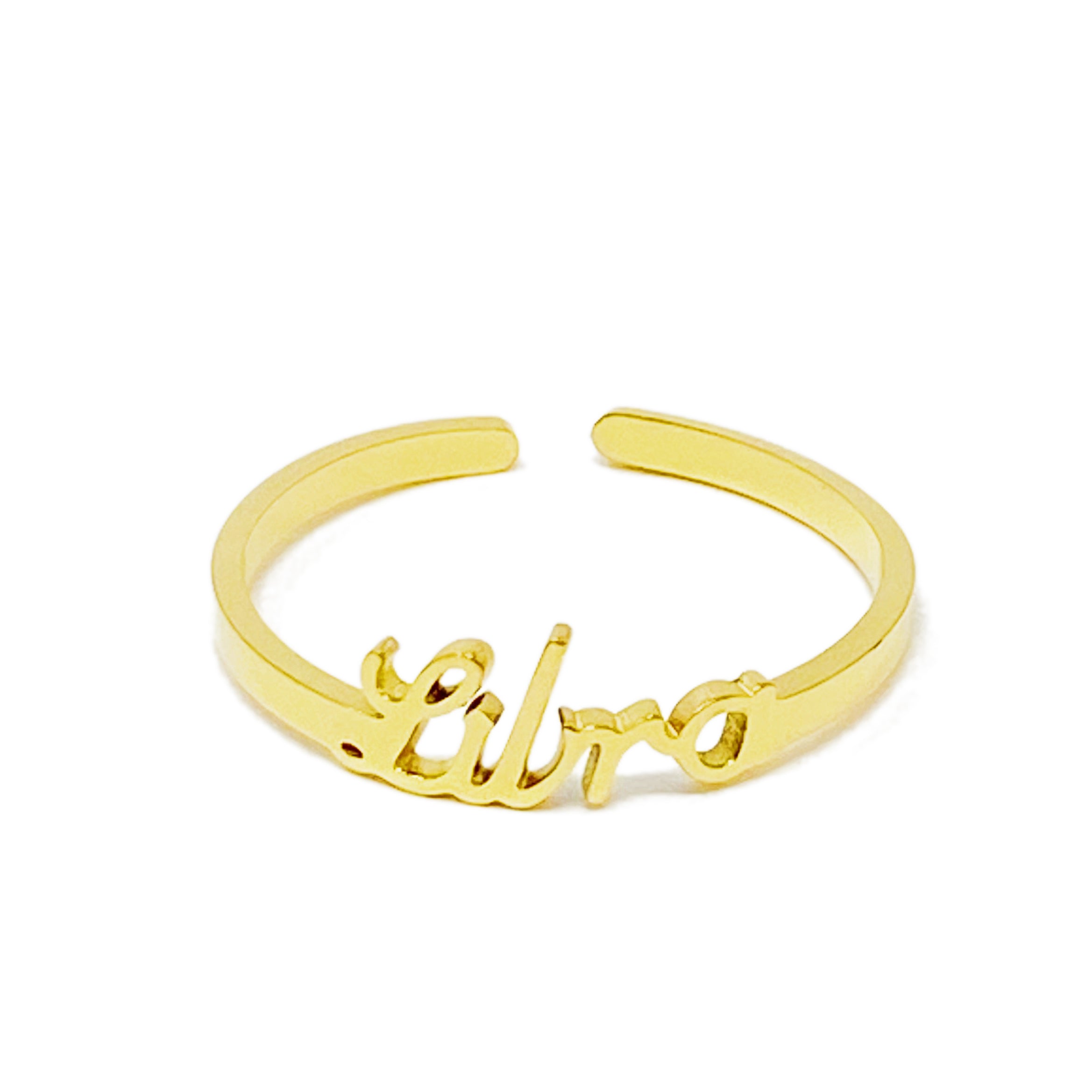 A beautifully crafted adjustable ring featuring delicately scripted zodiac signs, made of stainless steel and 18K gold plated.