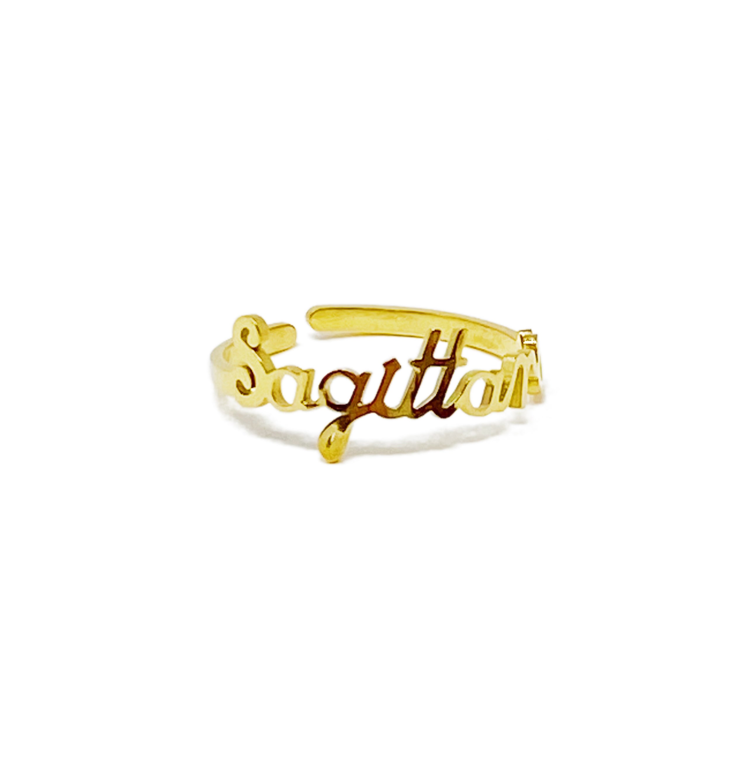 A beautifully crafted adjustable ring featuring delicately scripted zodiac signs, made of stainless steel and 18K gold plated.