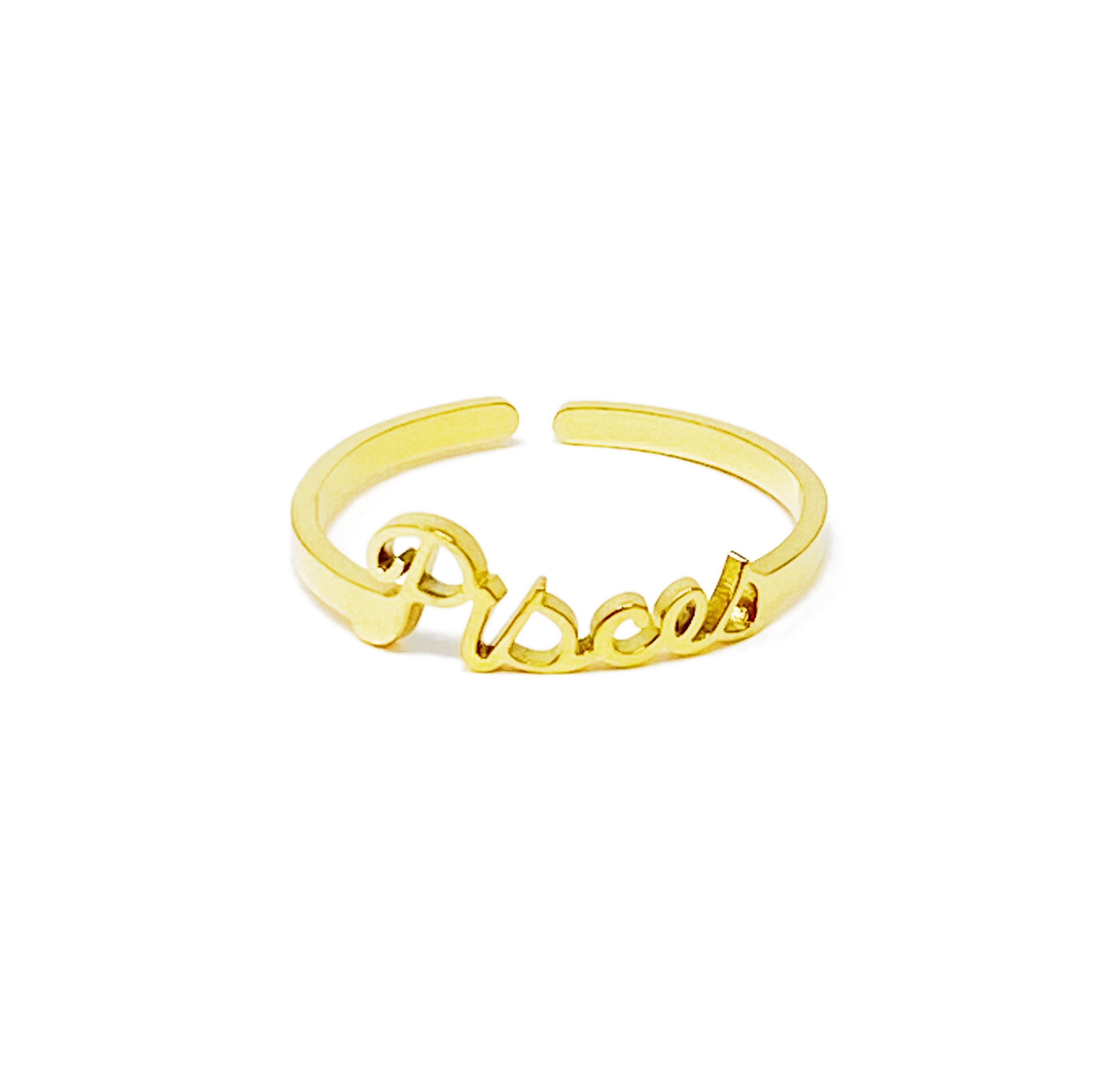 A beautifully crafted adjustable ring featuring delicately scripted zodiac signs, made of stainless steel and 18K gold plated.