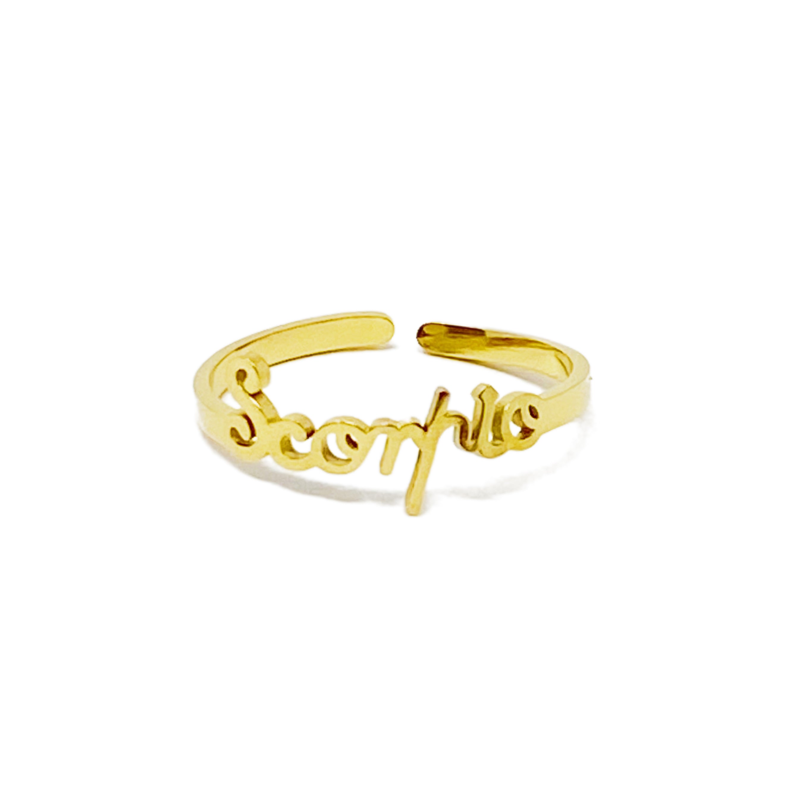 A beautifully crafted adjustable ring featuring delicately scripted zodiac signs, made of stainless steel and 18K gold plated.