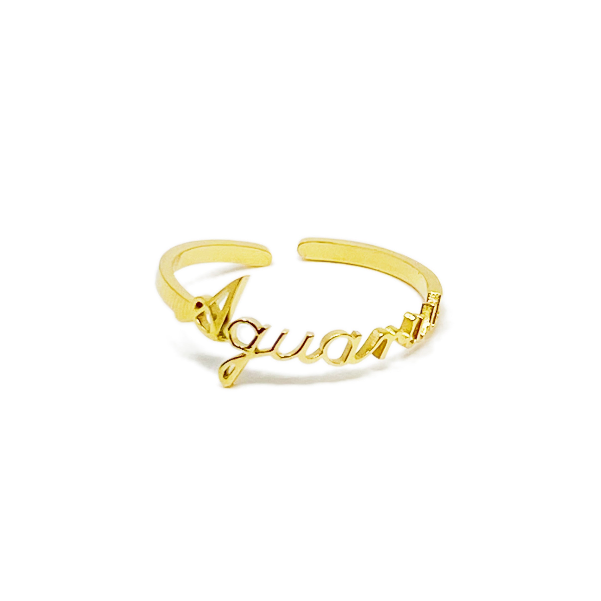 A beautifully crafted adjustable ring featuring delicately scripted zodiac signs, made of stainless steel and 18K gold plated.