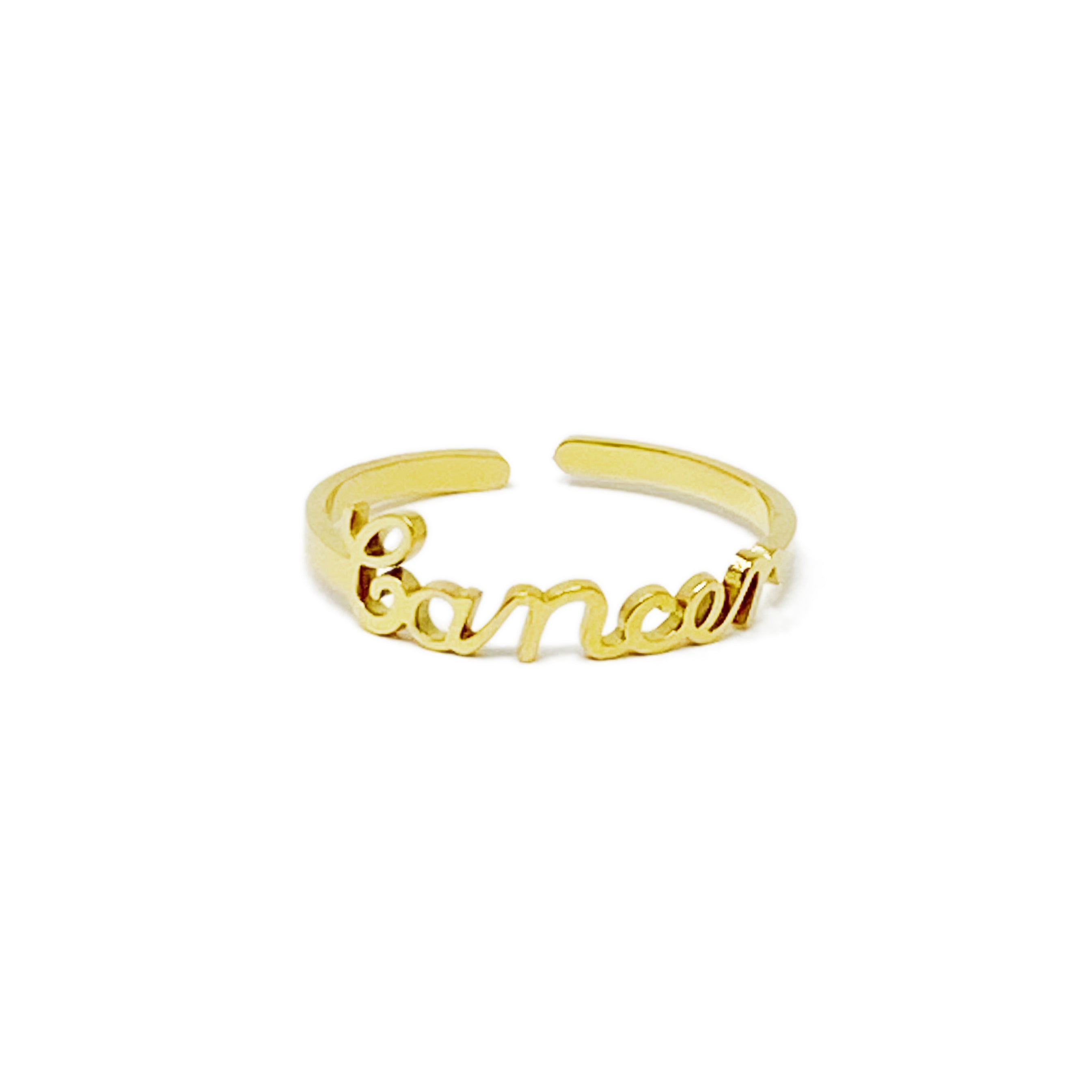 A beautifully crafted adjustable ring featuring delicately scripted zodiac signs, made of stainless steel and 18K gold plated.