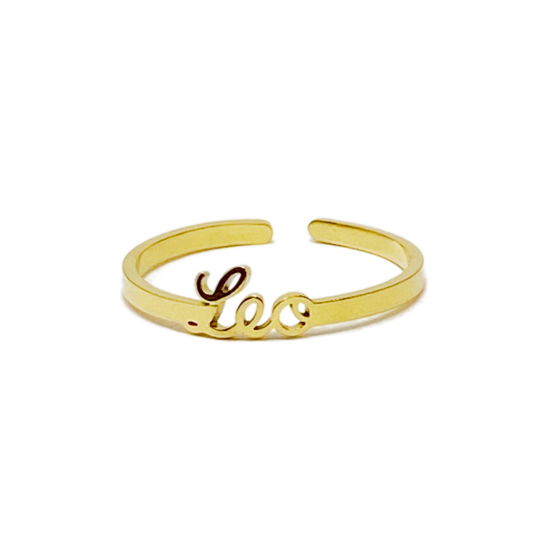 A beautifully crafted adjustable ring featuring delicately scripted zodiac signs, made of stainless steel and 18K gold plated.