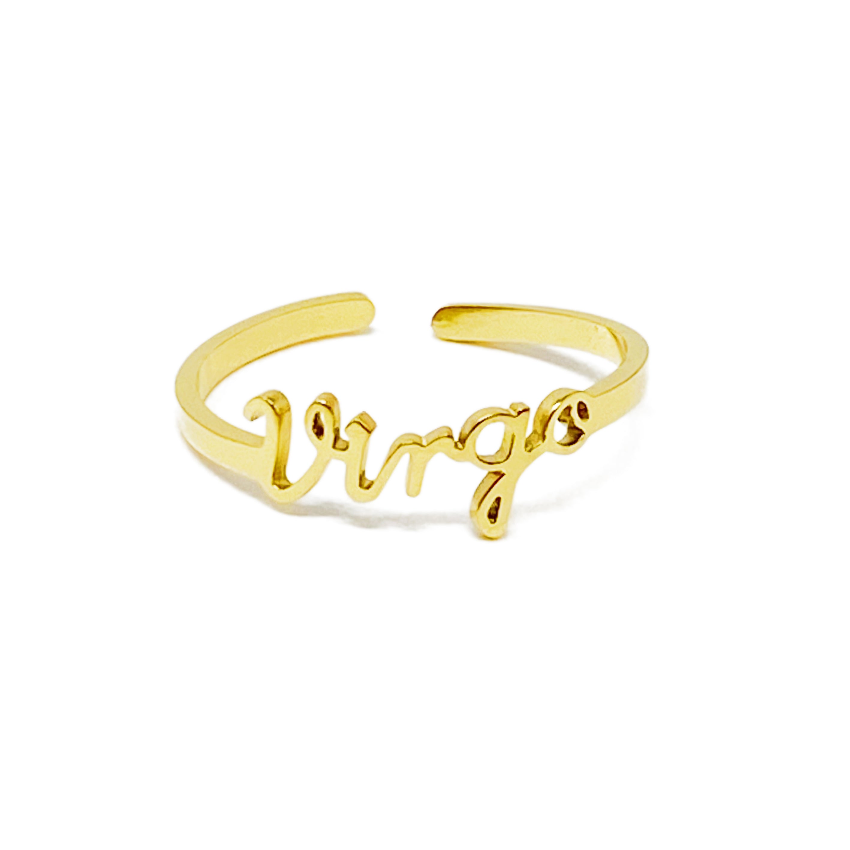 A beautifully crafted adjustable ring featuring delicately scripted zodiac signs, made of stainless steel and 18K gold plated.