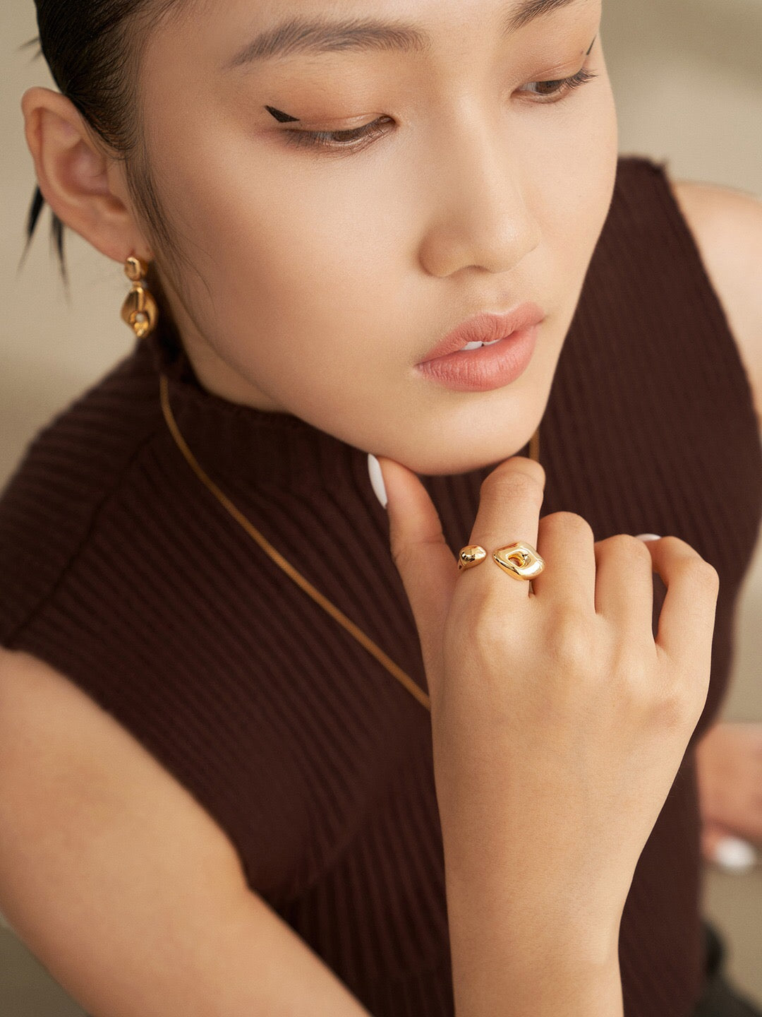 Sculptural Style Open Ring in gold vermeil, showcasing its elegant design and adjustable fit.