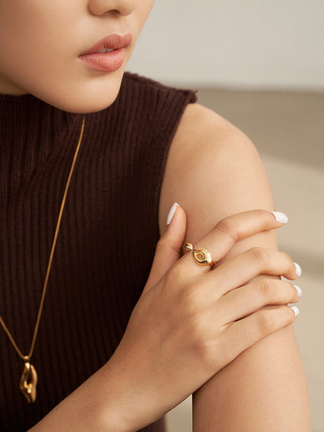 Sculptural Style Open Ring in gold vermeil, showcasing its elegant design and adjustable fit.