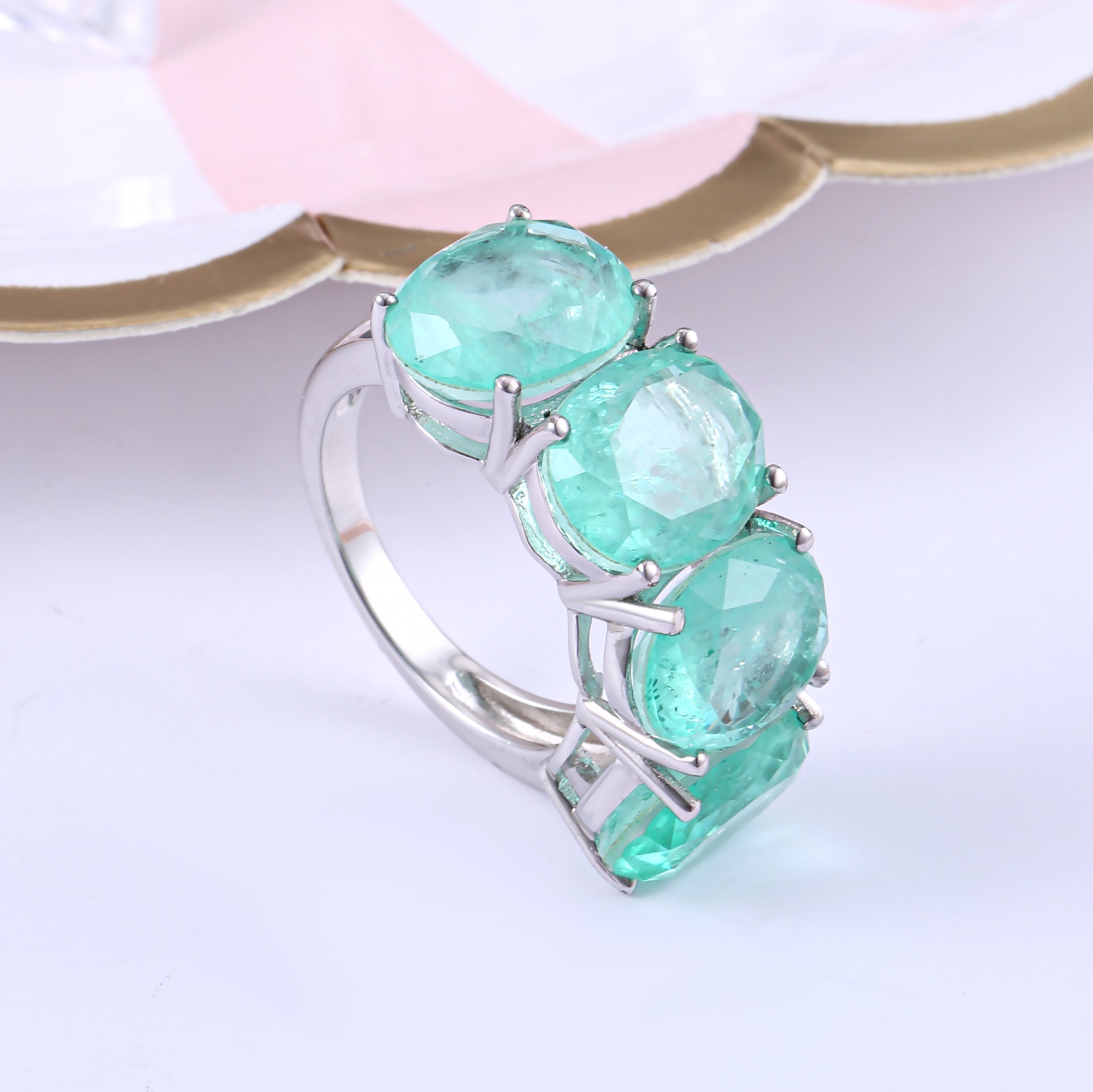 A beautiful See Blue Paraiba ring made of 925 sterling silver with a real white gold surface, featuring an oval blue paraiba stone.