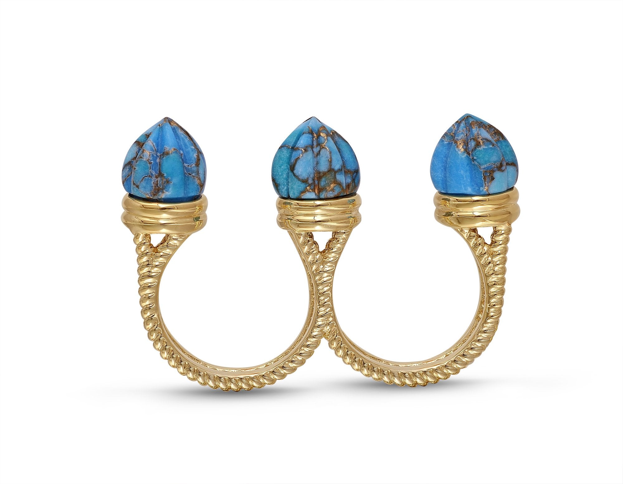 Sea Breeze Multi-Finger Turquoise Open Ring featuring carved turquoise stones and 14K yellow gold plating, elegantly designed for a modern look.