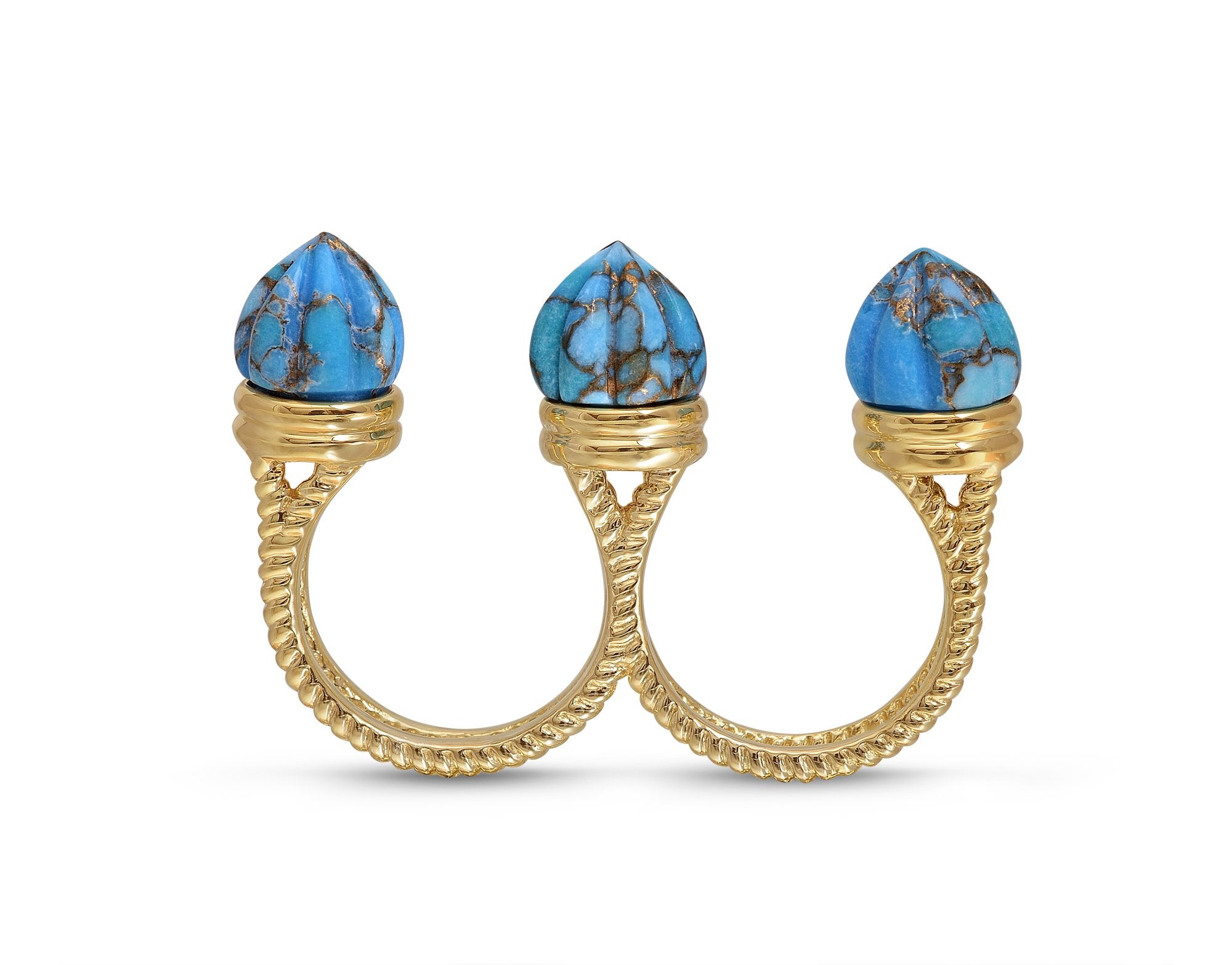 Sea Breeze Multi-Finger Turquoise Open Ring featuring carved turquoise stones and 14K yellow gold plating, elegantly designed for a modern look.