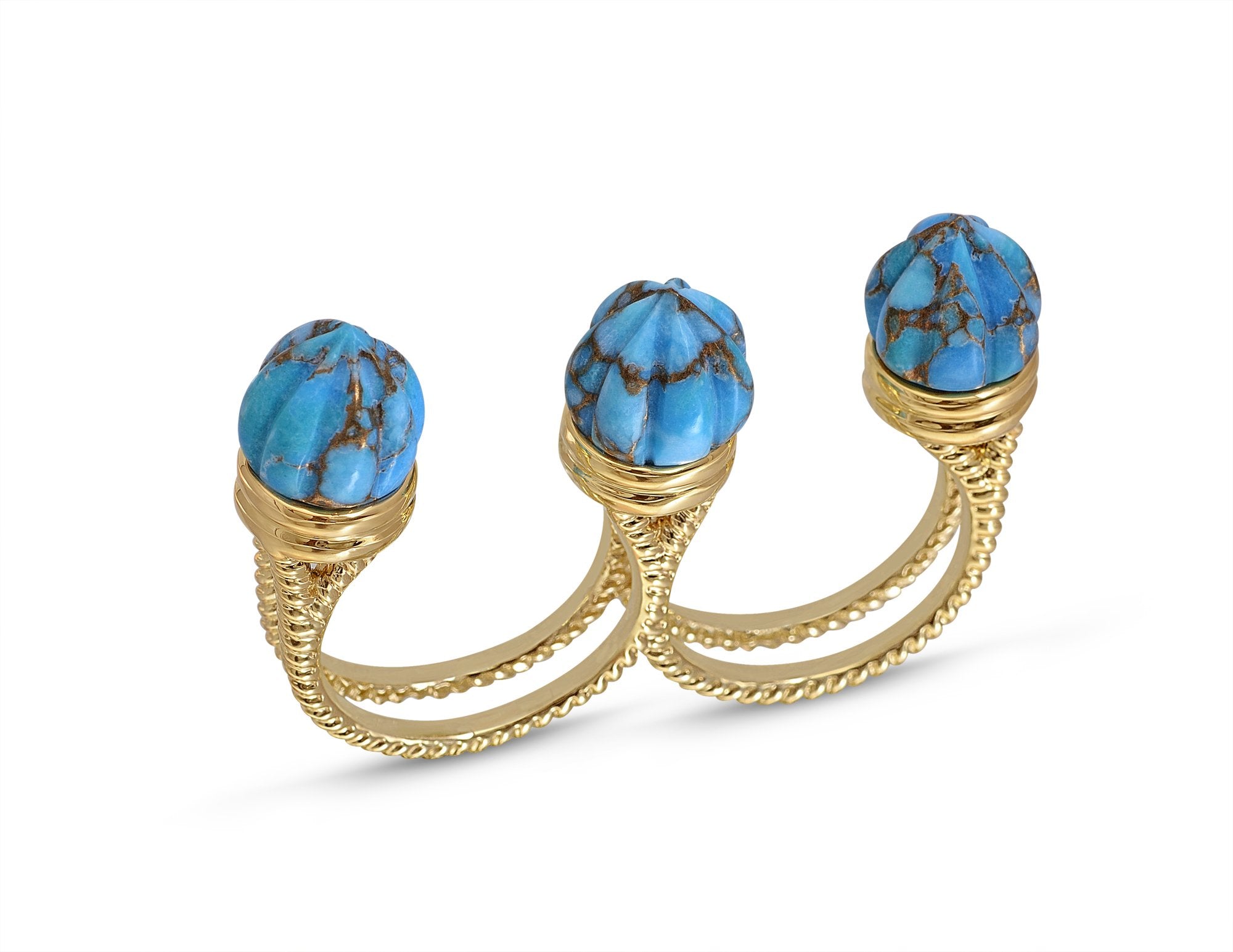 Sea Breeze Multi-Finger Turquoise Open Ring featuring carved turquoise stones and 14K yellow gold plating, elegantly designed for a modern look.