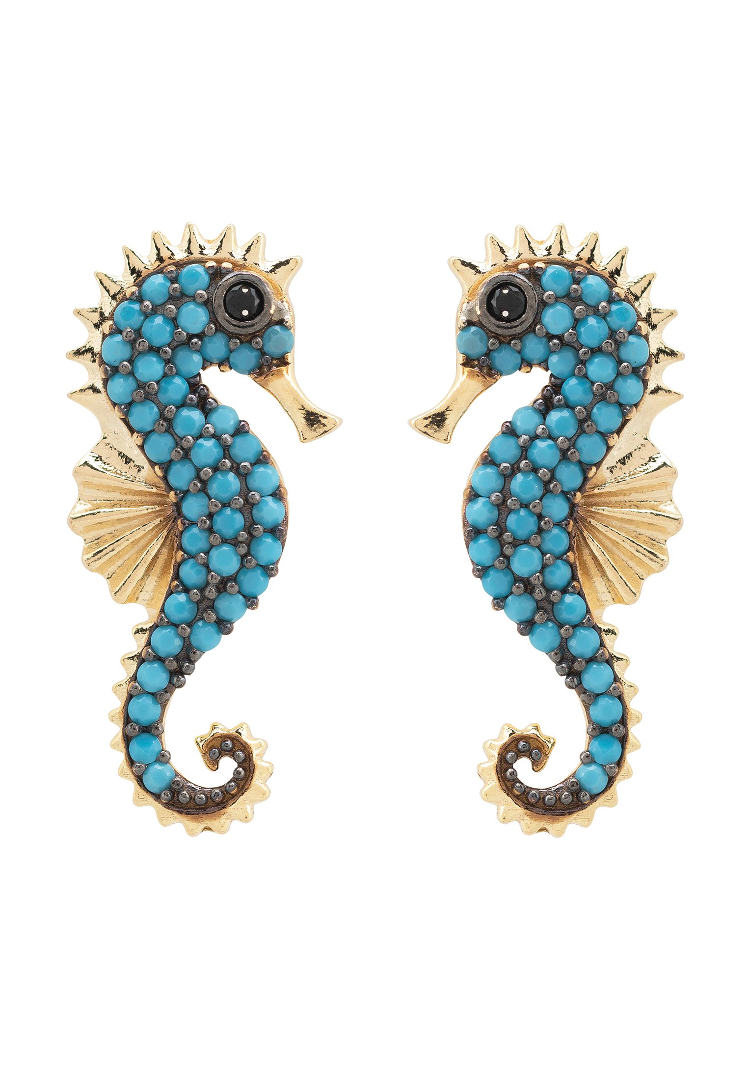 Seahorse Turquoise Earrings in gold, featuring intricate details and turquoise zirconia stones, elegantly displayed.