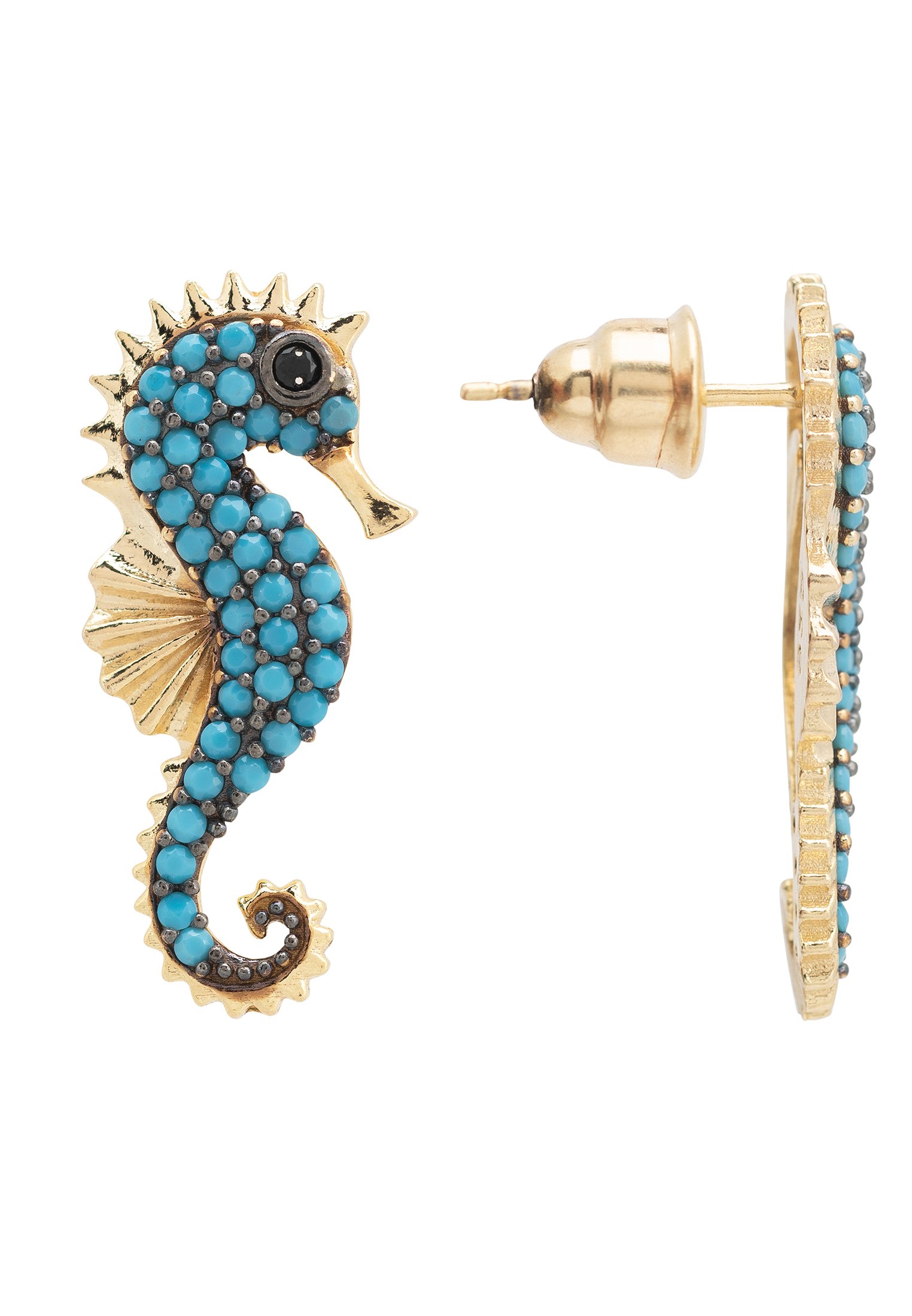 Seahorse Turquoise Earrings in gold, featuring intricate details and turquoise zirconia stones, elegantly displayed.