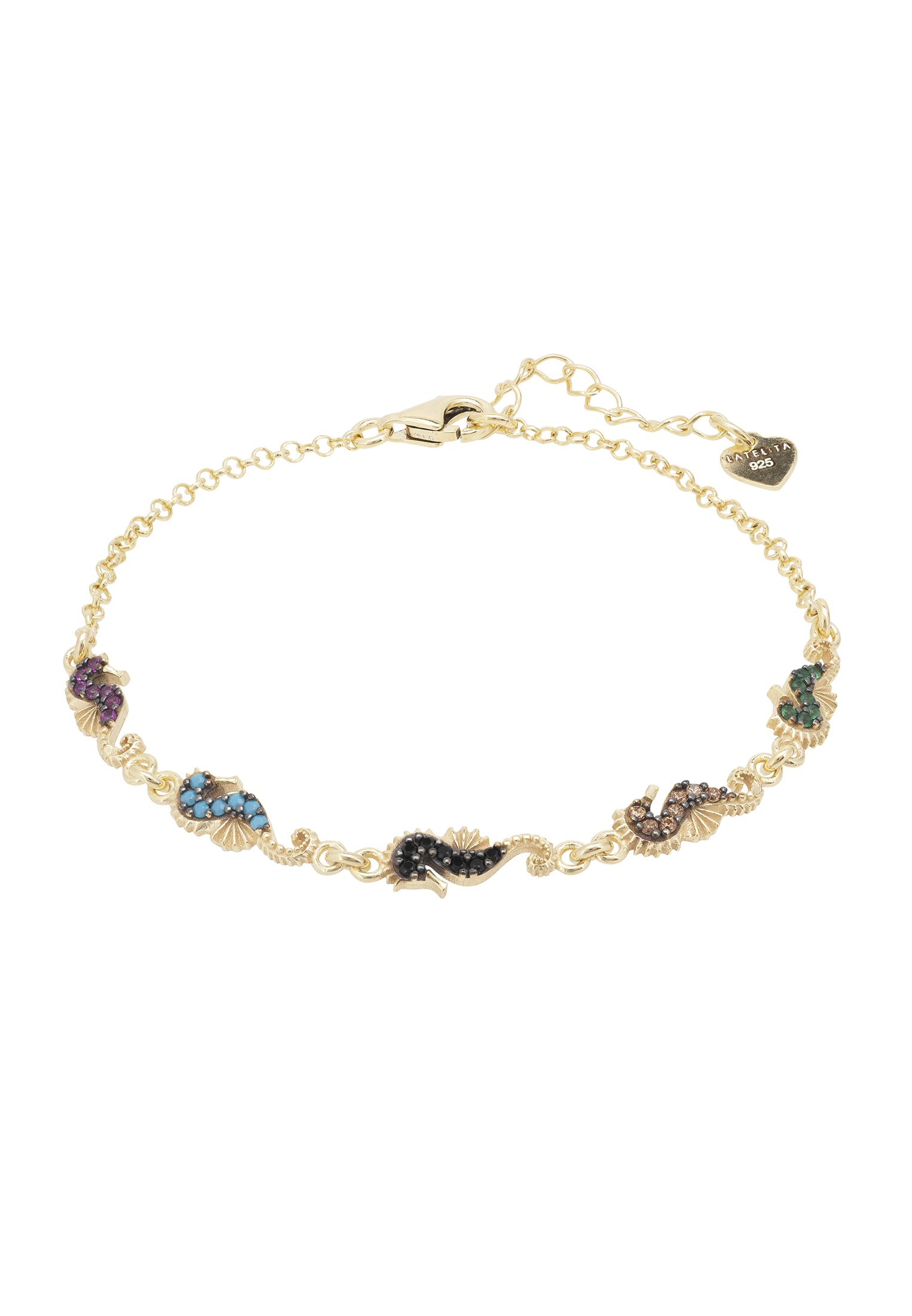 A delicate gold bracelet featuring five colorful seahorses adorned with sparkling zirconia stones.