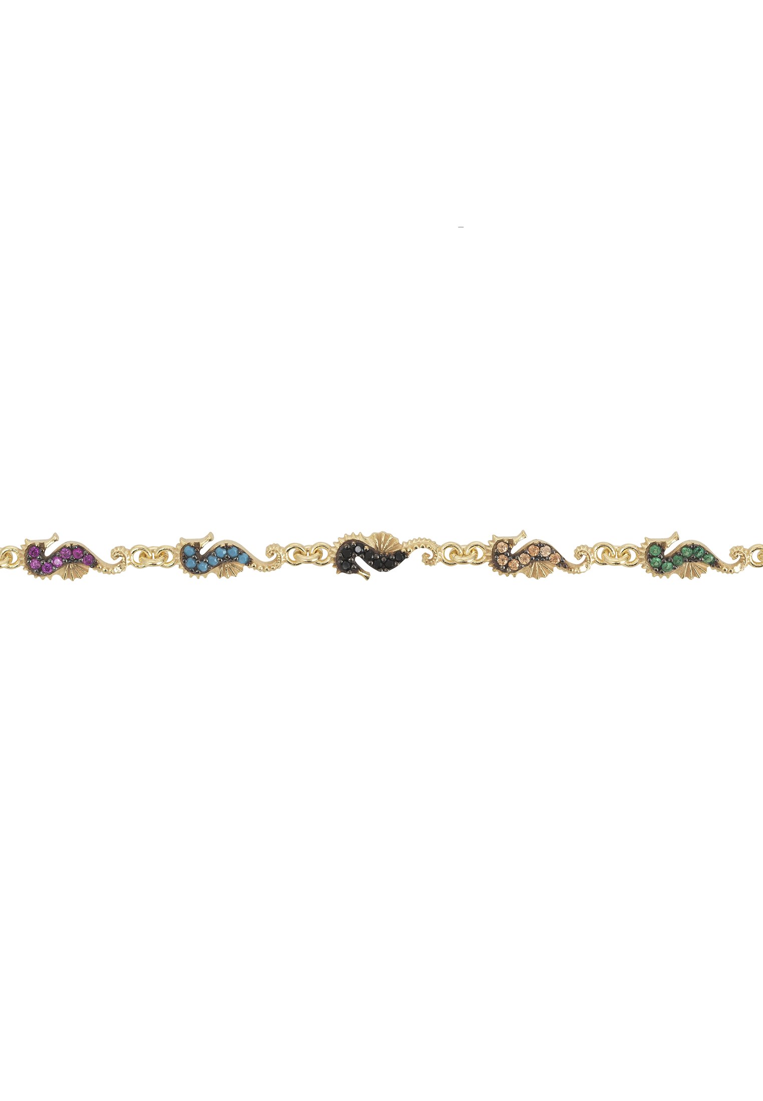 A delicate gold bracelet featuring five colorful seahorses adorned with sparkling zirconia stones.