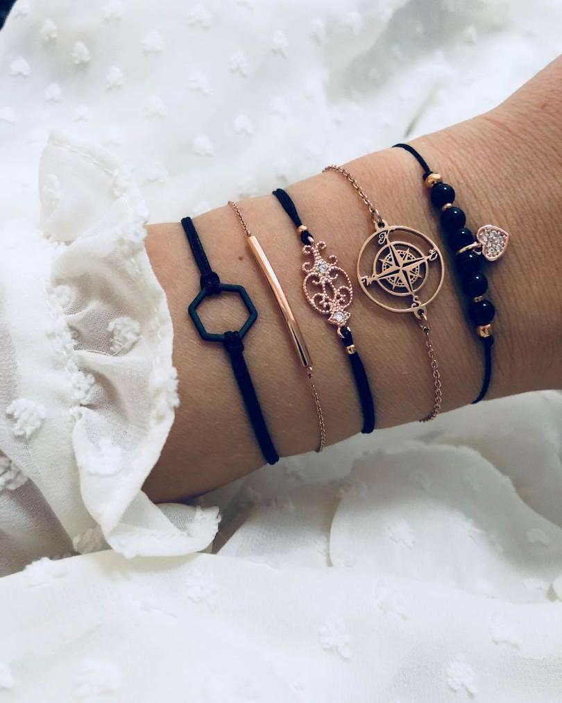 Searching For The Stars Black Marble Bracelet featuring 14K rose gold plating, link chain, and unique black marble design.