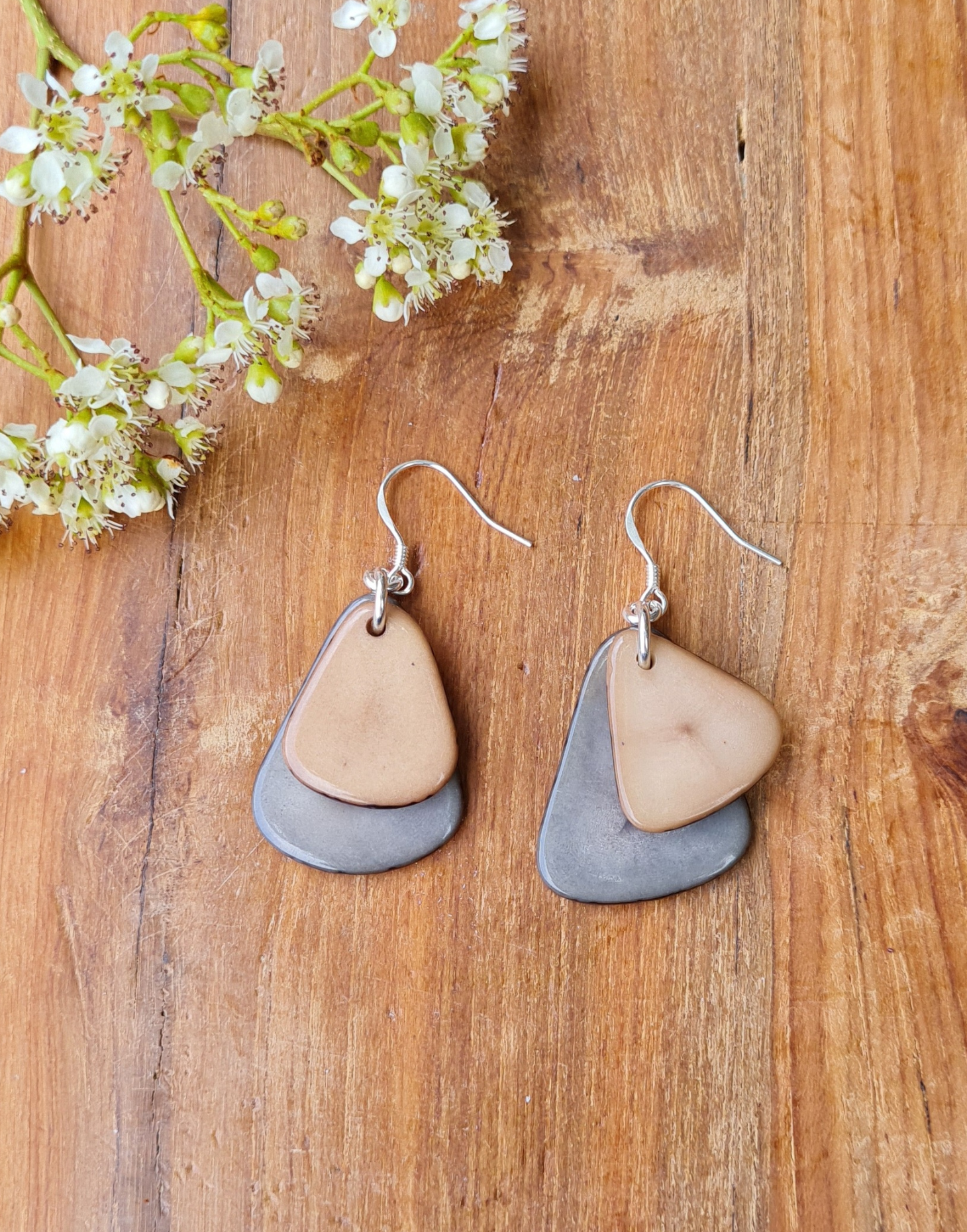 A pair of Secca Tagua Nut Earrings featuring organic vegetable ivory slices and sterling silver hooks, elegantly displayed in eco-friendly packaging.