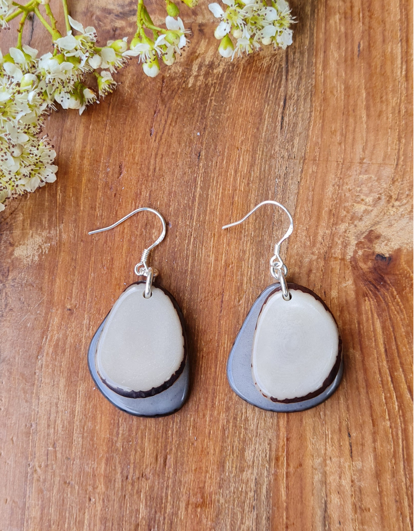 A pair of Secca Tagua Nut Earrings featuring organic vegetable ivory slices and sterling silver hooks, elegantly displayed in eco-friendly packaging.