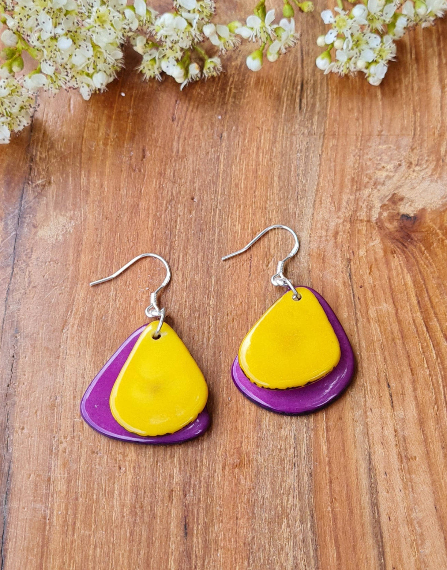 A pair of Secca Tagua Nut Earrings featuring organic vegetable ivory slices and sterling silver hooks, elegantly displayed in eco-friendly packaging.