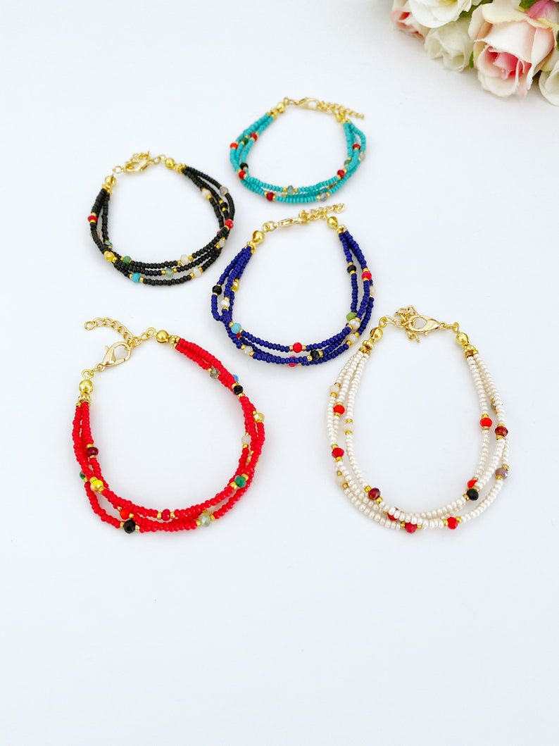 Handmade Seed Beads Bracelet featuring blue, white, and red Miyuki beads, showcasing a dainty and stylish design.