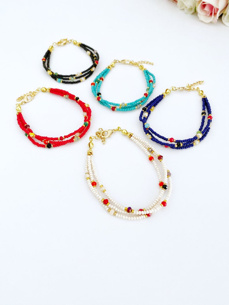 Handmade Seed Beads Bracelet featuring blue, white, and red Miyuki beads, showcasing a dainty and stylish design.