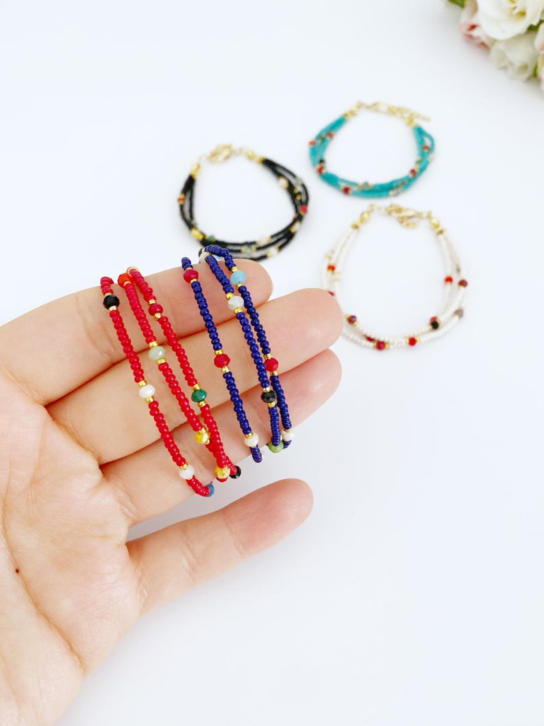 Handmade Seed Beads Bracelet featuring blue, white, and red Miyuki beads, showcasing a dainty and stylish design.