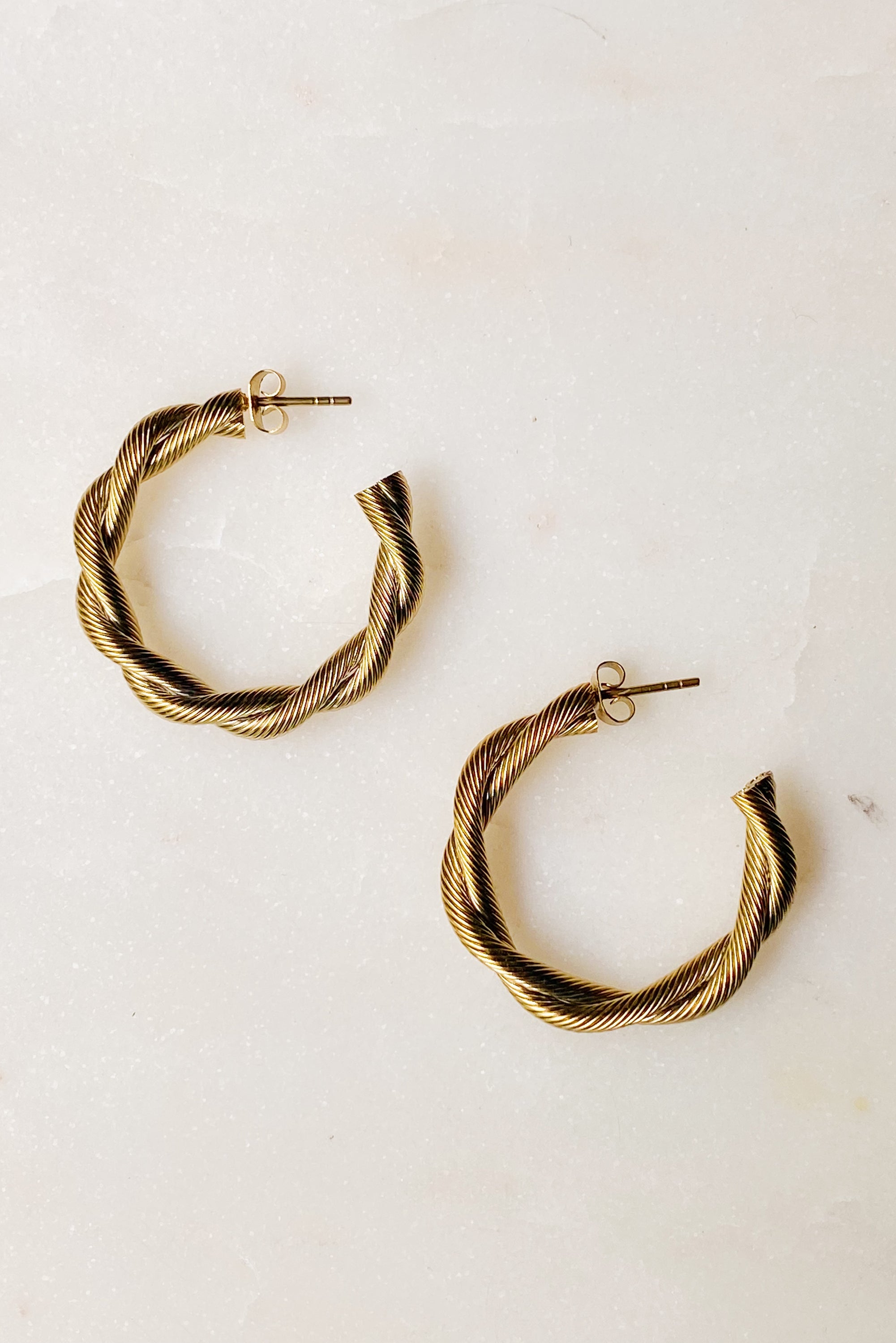 Sedona Twisted Hoop Earrings featuring a textured twisted tube design in gold plating.