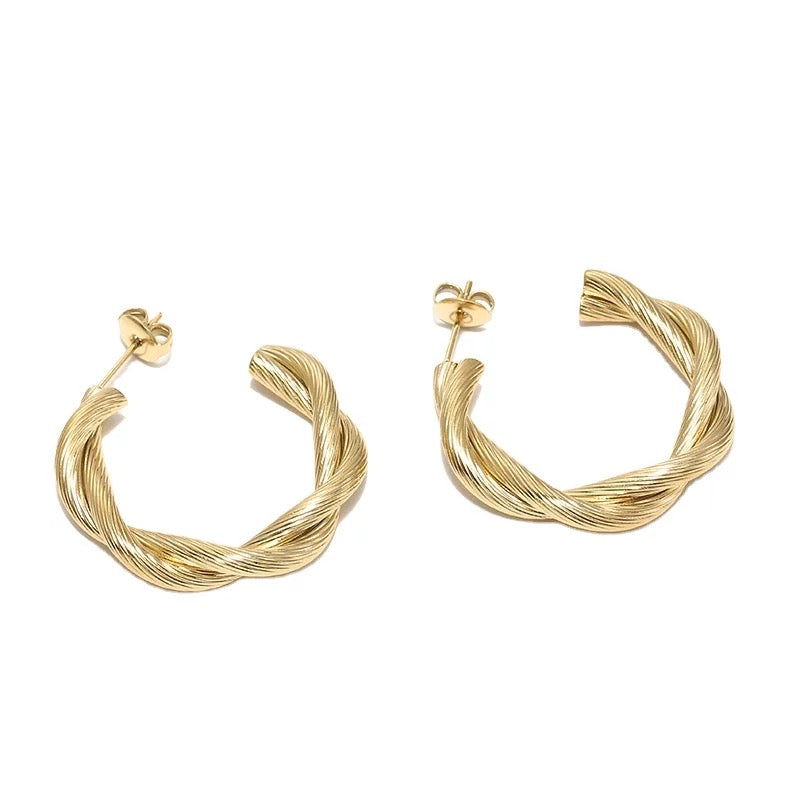 Sedona Twisted Hoop Earrings featuring a textured twisted tube design in gold plating.